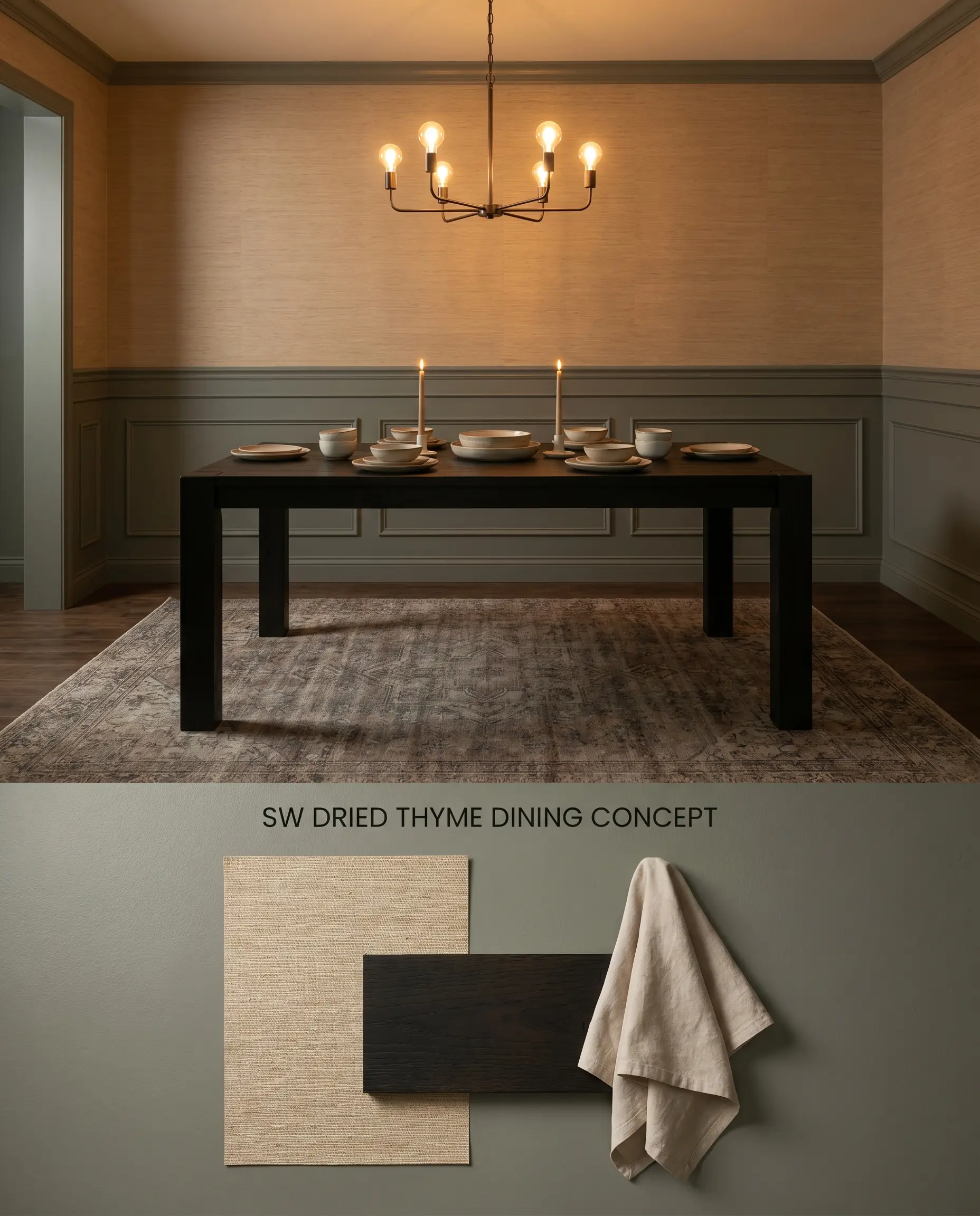 A split digital conceptual board for a dining room presenting SW 6186 painted wainscoting under warm ambient light, paired with a flat-lay of grasscloth and ebonized oak.