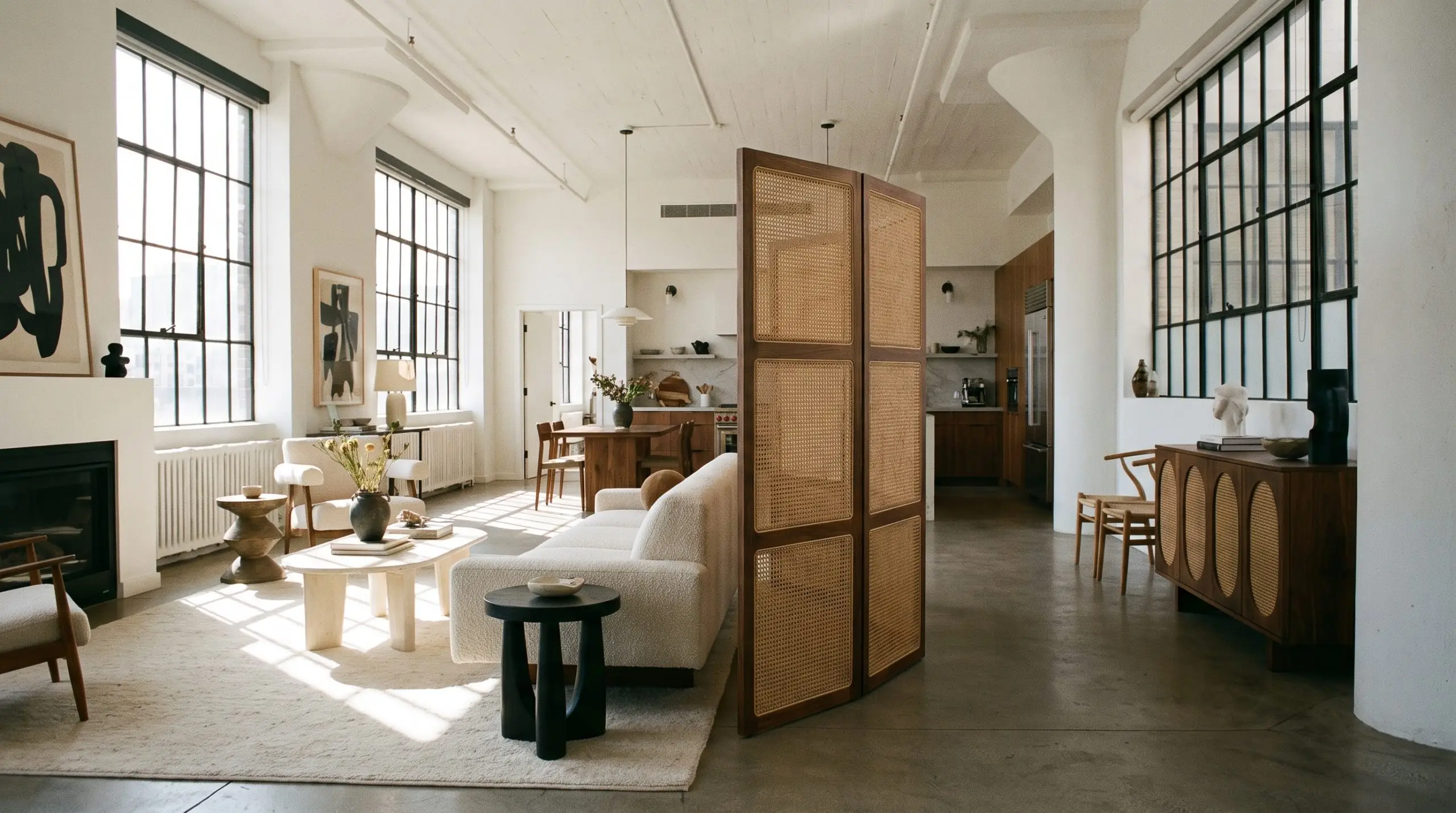 A mid-height folding screen design crafted from solid walnut and tight-weave rattan wraps closely behind a floating modern sofa to anchor a spacious open floor plan.