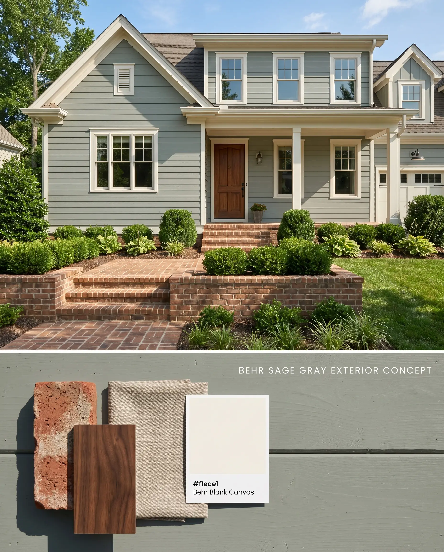 A split digital conceptual board for a home exterior featuring siding in a gray-green blend alongside warm brick hardscaping, with a corresponding physical flat-lay of solid walnut and textured canvas below.