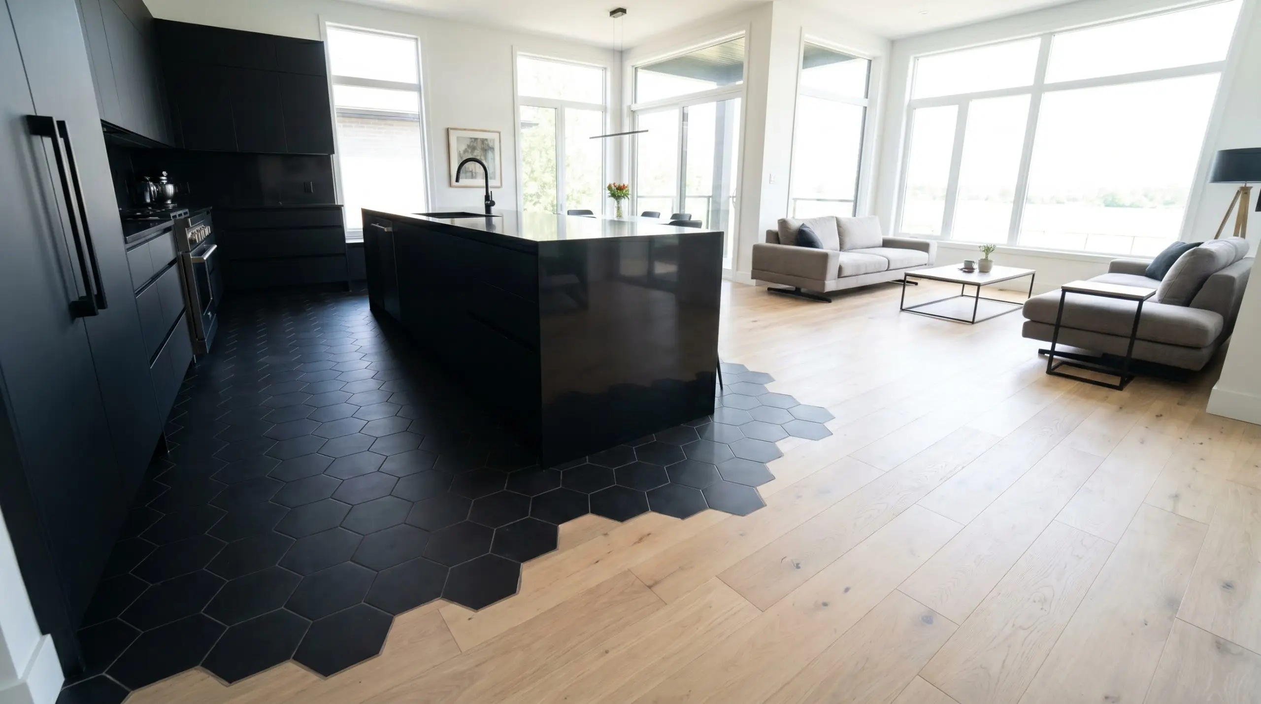 Matte black porcelain hexagon tiles dissolve seamlessly into light engineered European oak planks, creating an intricate floor transition in an organic modern open-concept kitchen.