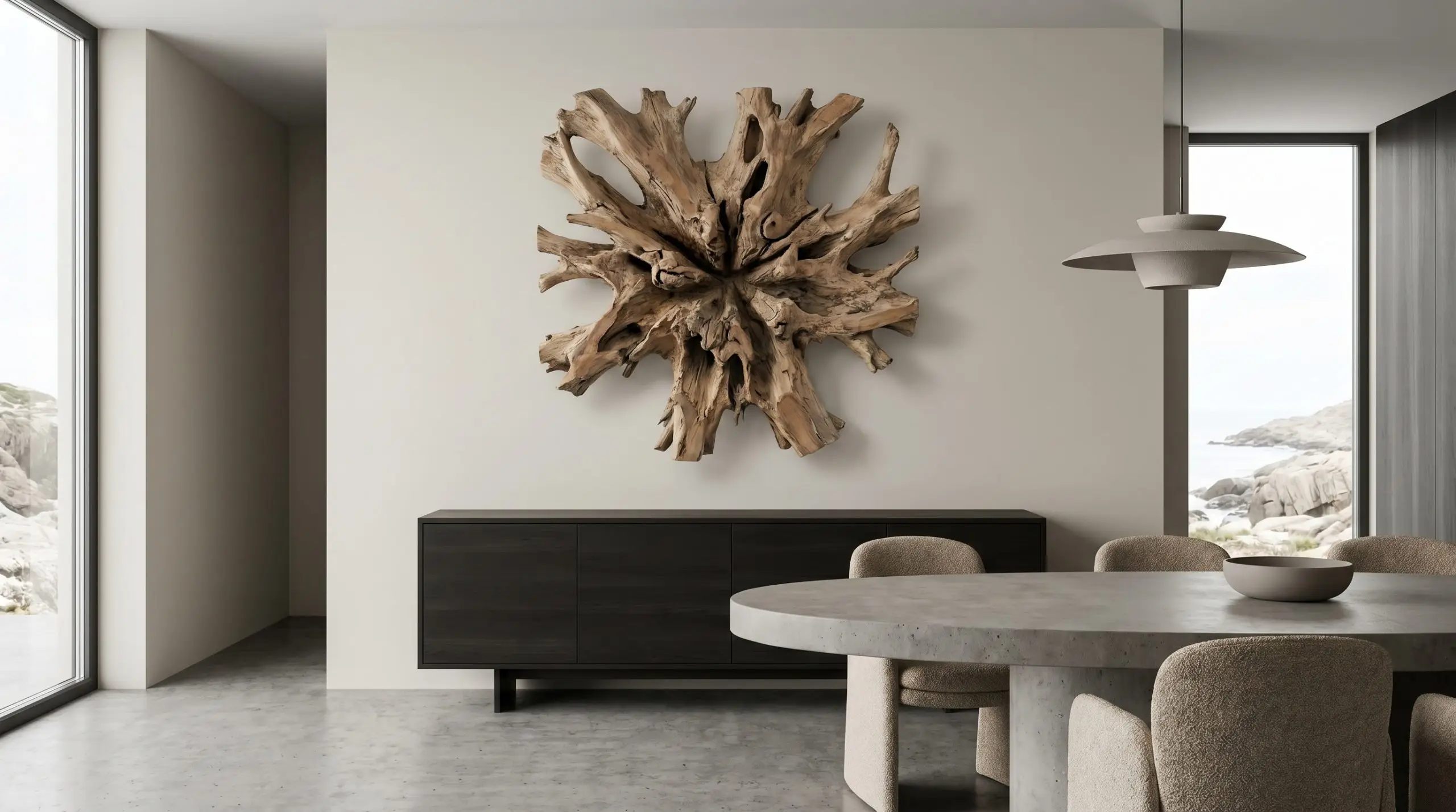 A flat-sawn driftwood wall art root system protrudes organically over a sleek dining credenza against a Sherwin-Williams Alabaster painted wall.