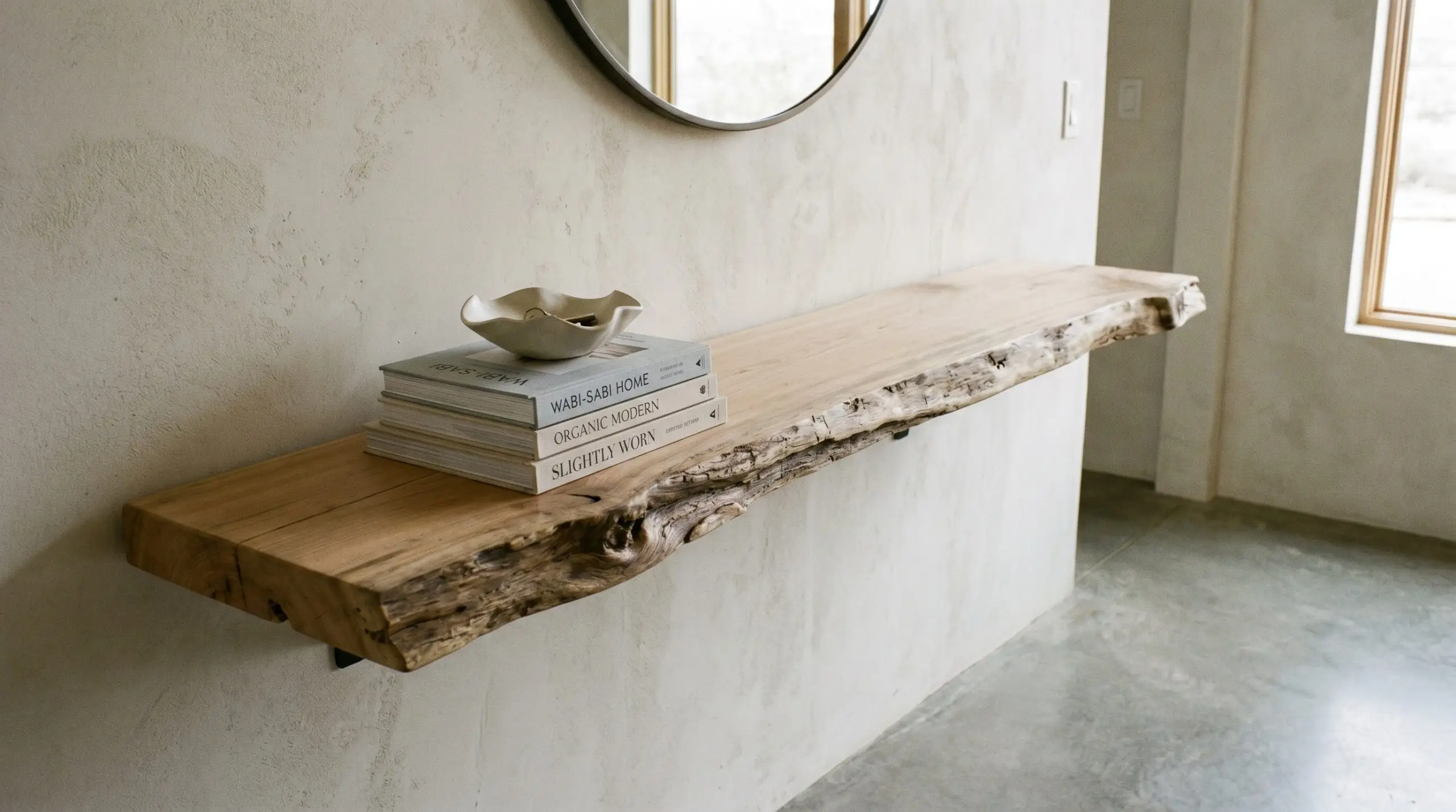 A wide flat piece of driftwood wall art functions as a floating console holding linen-bound design books and a ceramic key bowl.
