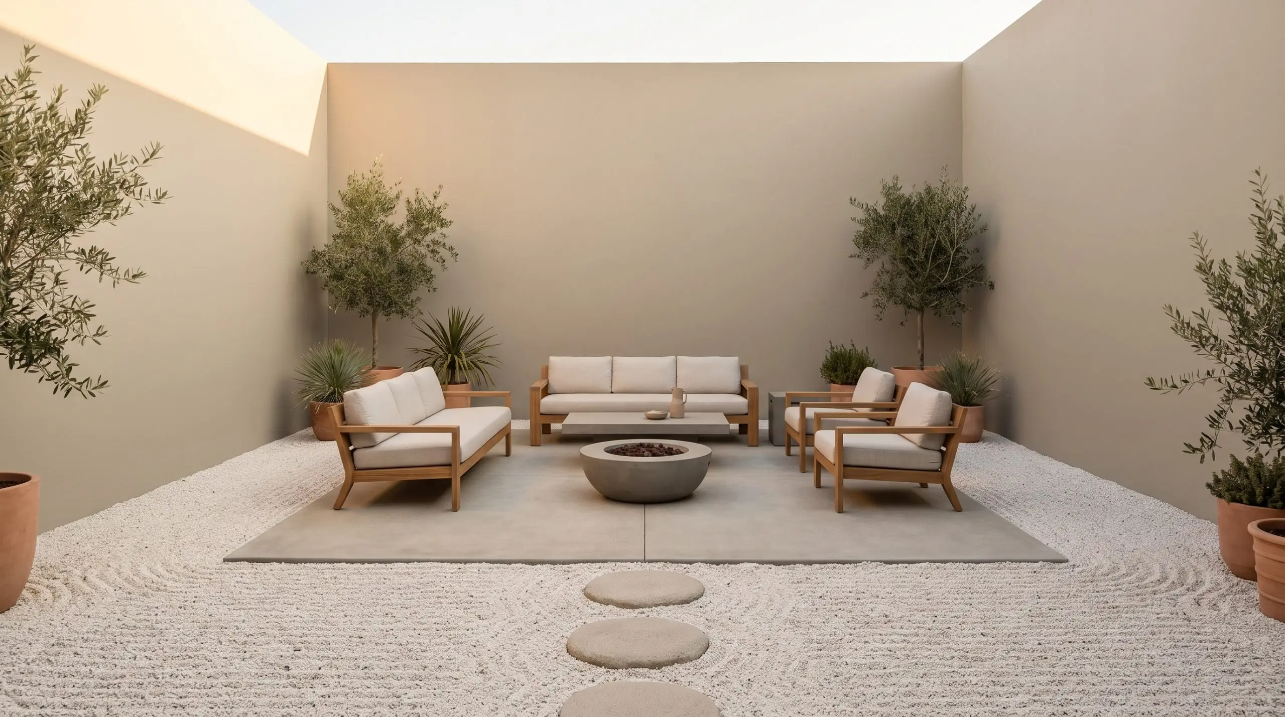 An organic modern zen garden features Benjamin Moore Seapearl walls, Japandi outdoor furniture on a concrete patio, and a perimeter of raked Shirakawa-suna gravel.