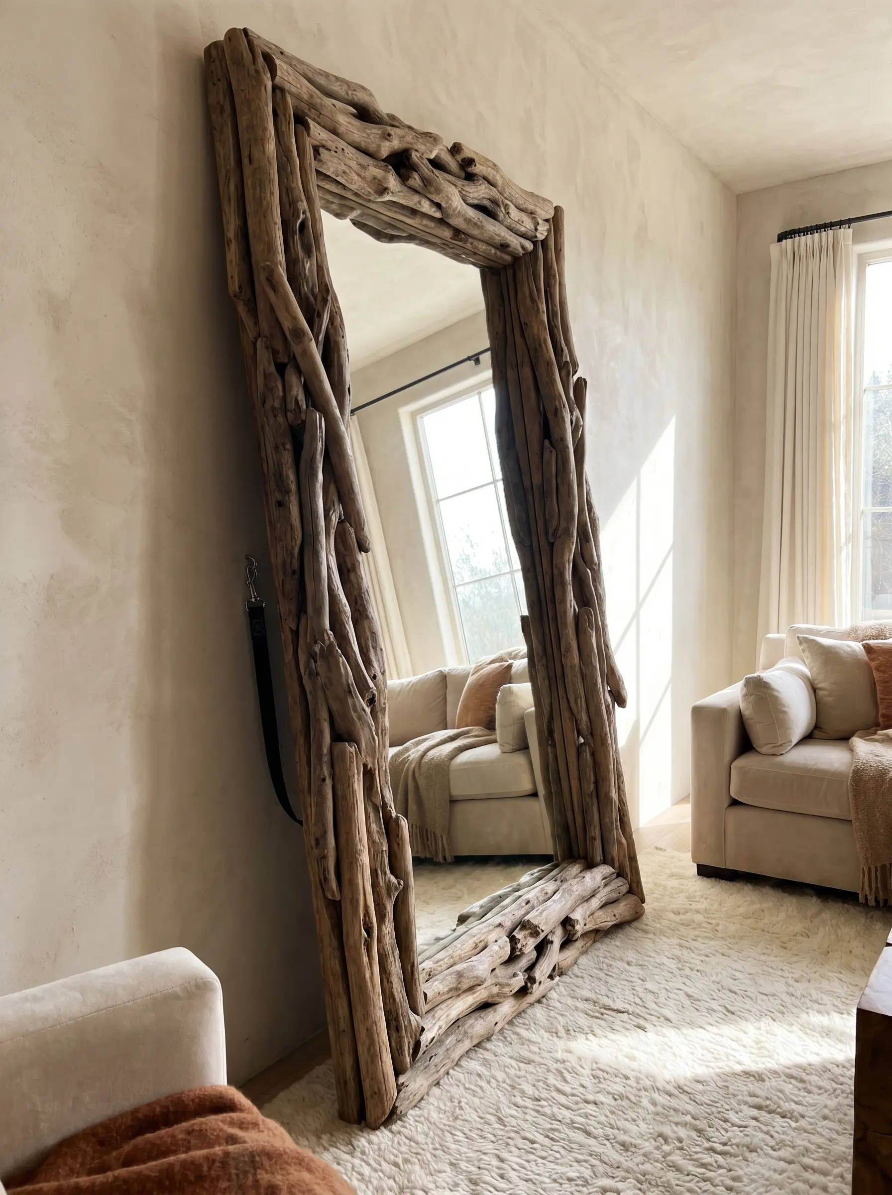 A massive floor mirror framed in thick interlocking driftwood logs leans against a living room wall surrounded by plush contemporary textiles.