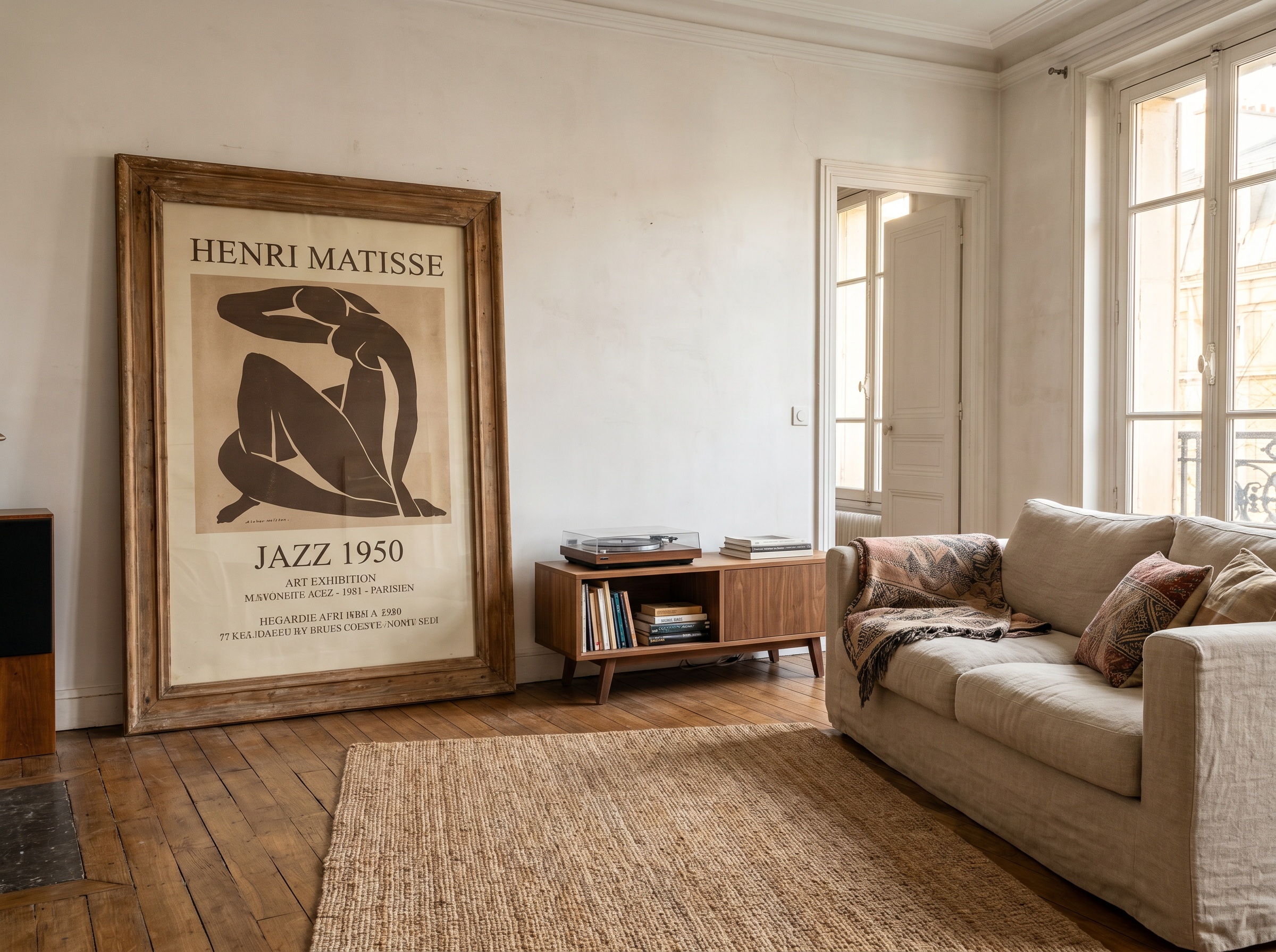 A massive vintage exhibition poster in a solid wood frame leans on the floor demonstrating interior decorating using posters in a bohemian living room.