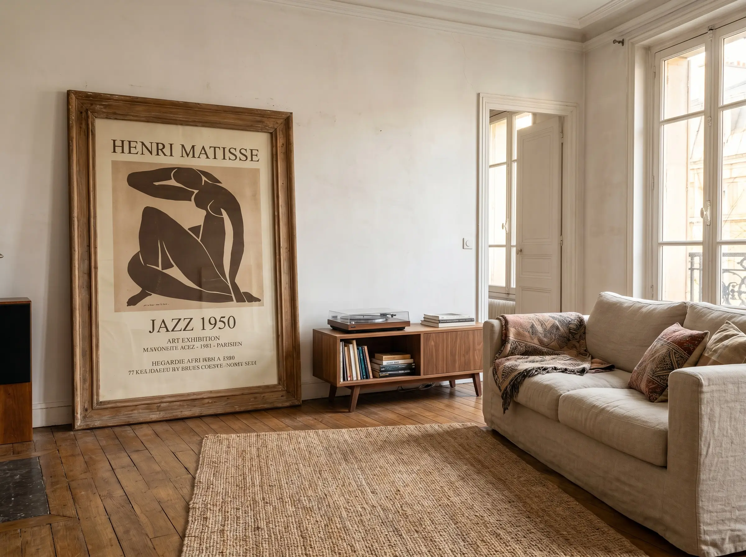 A massive vintage exhibition poster in a solid wood frame leans on the floor demonstrating interior decorating using posters in a bohemian living room.