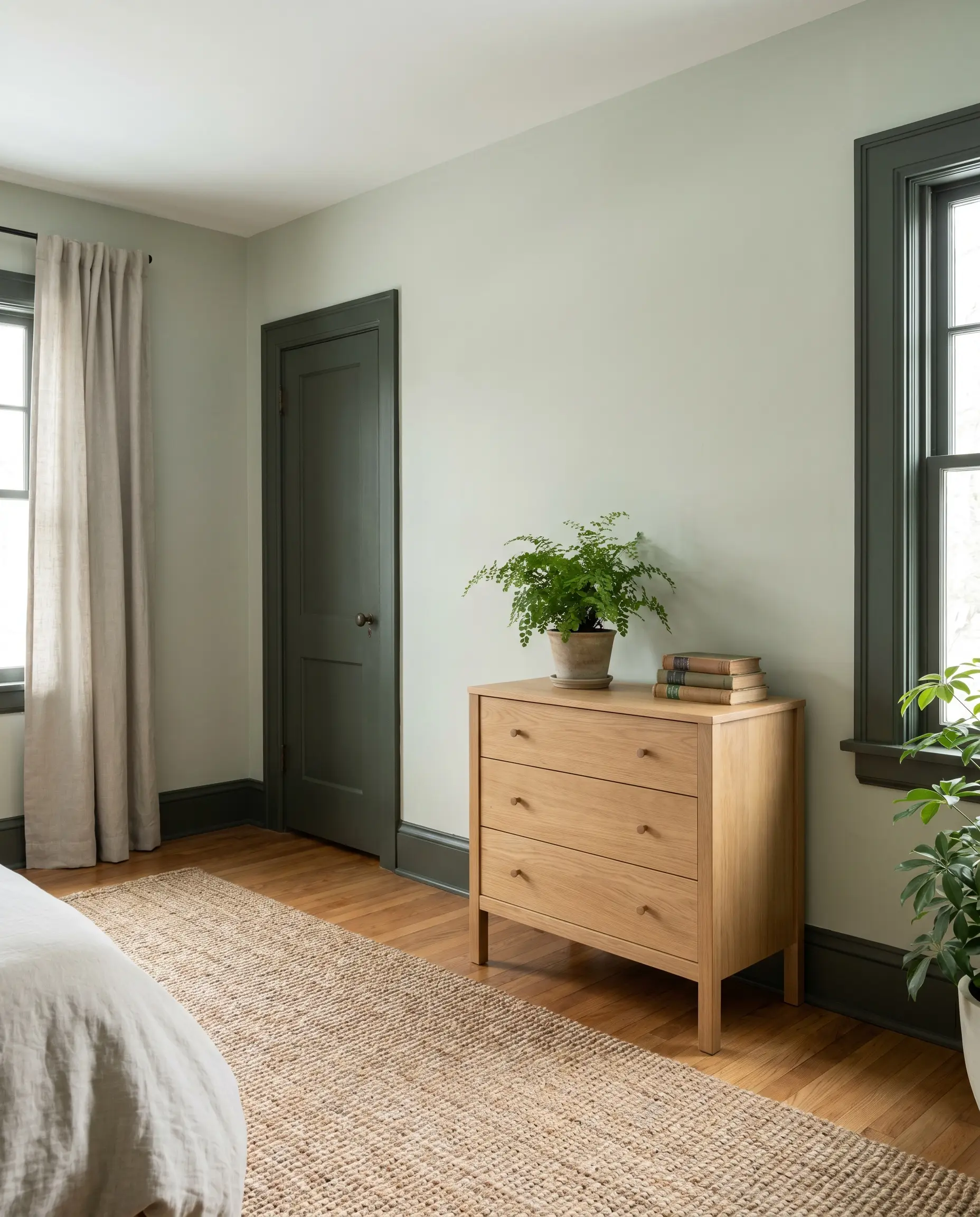 Deep pine green painted baseboards, window casings, and doors contrast against pale sage primary walls behind an oak dresser and potted fern.