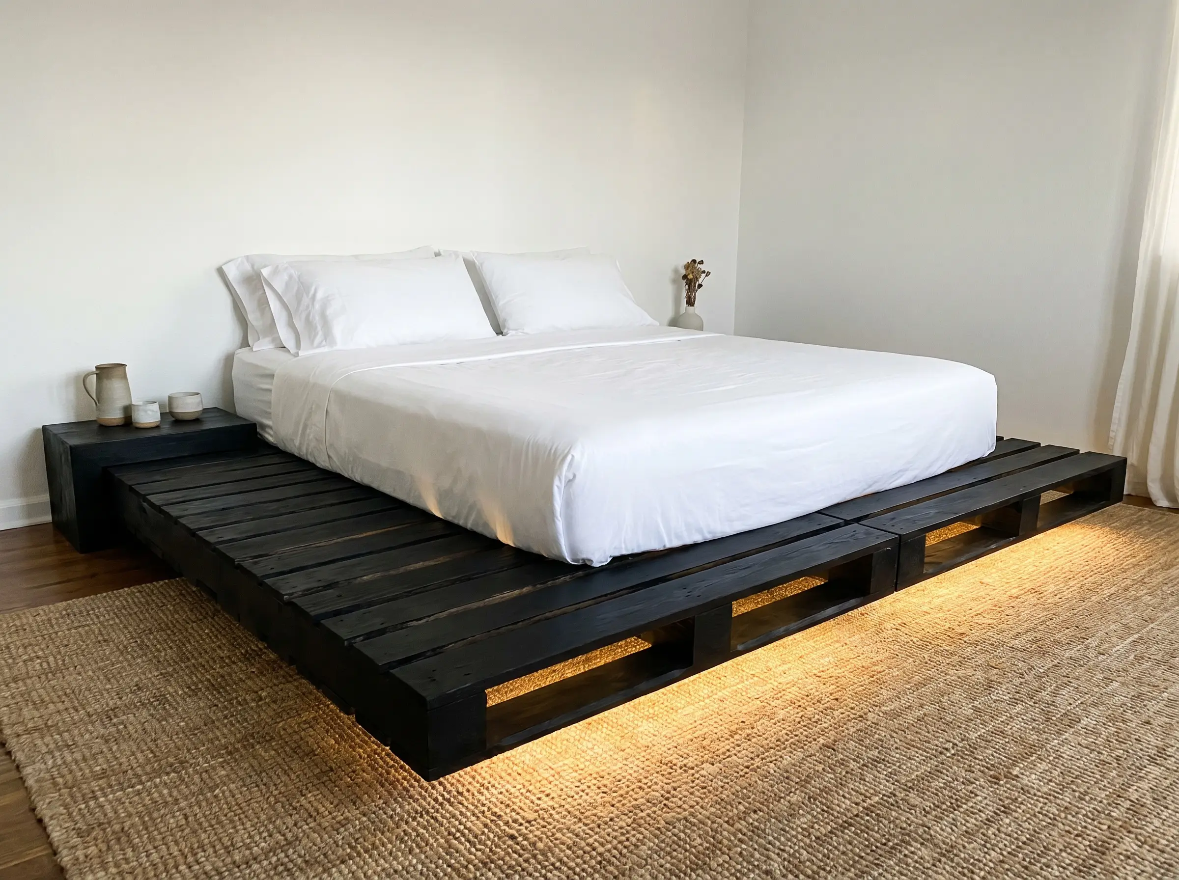 A low-slung pallet furniture DIY platform bed frame finished in a matte black stain features integrated LED tape lights and crisp percale sheets.