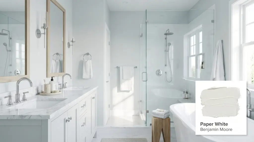 Bright morning light reflects off a glass shower enclosure and white marble countertops against soft blue-gray walls in BM OC-55 (Hex #E0E2DC).