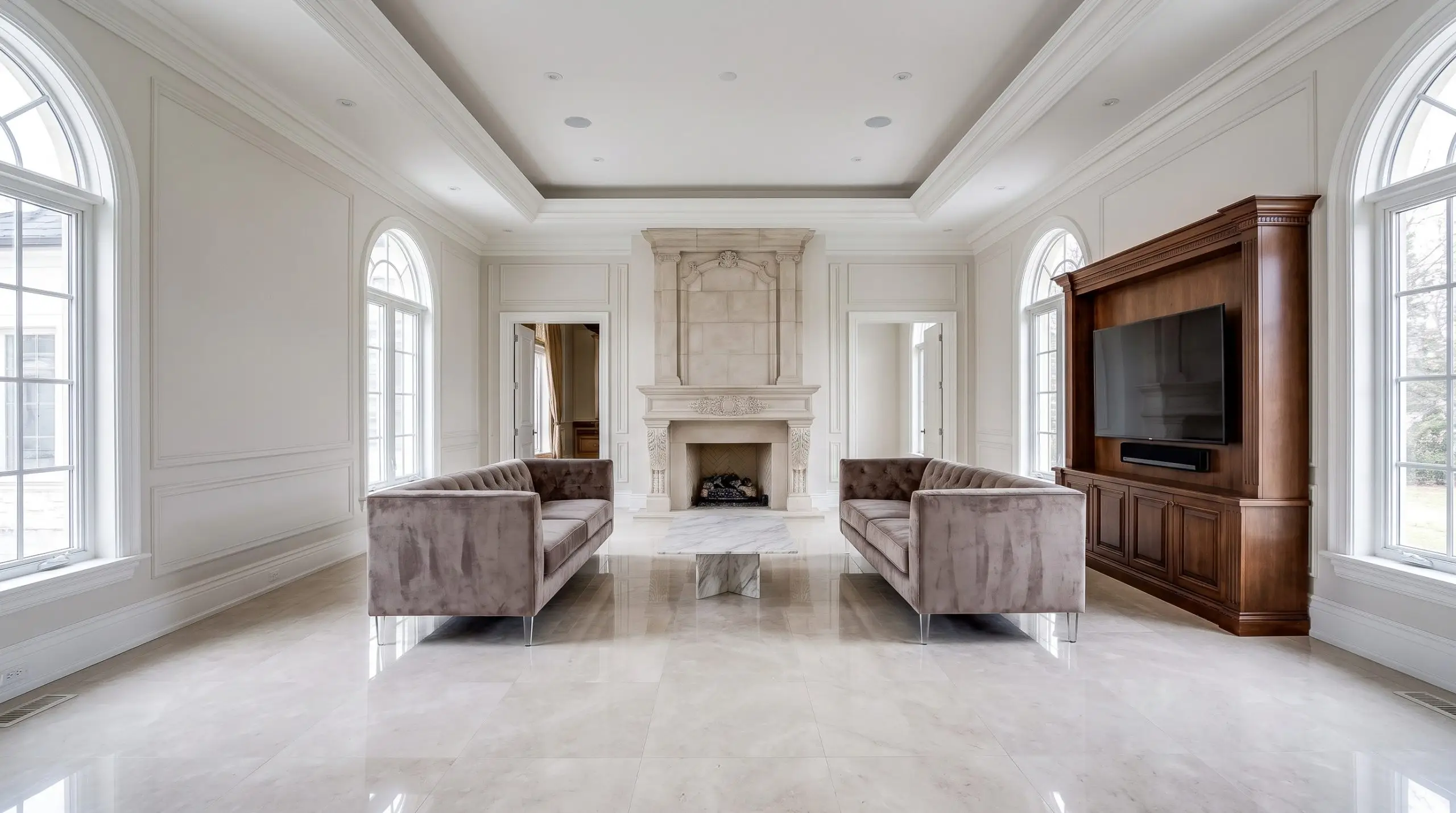 Two identical parallel sofas float in the center of a room, flanked by a fireplace on one wall and a media console on the exact opposite wall.