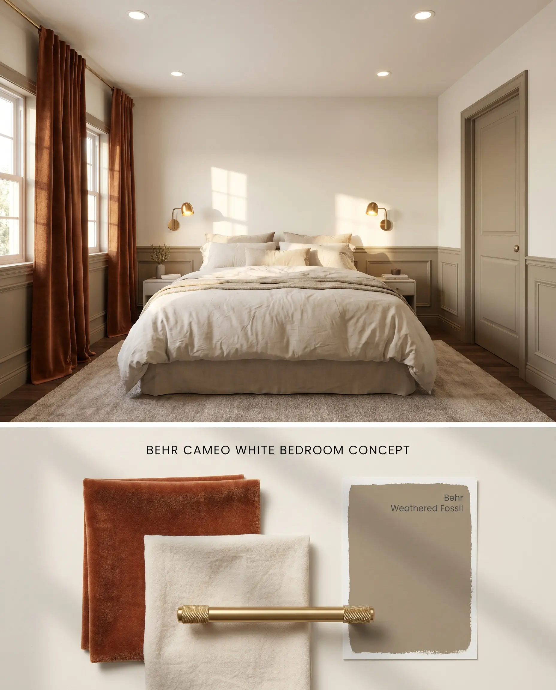 Divided into a split digital conceptual board, this serene bedroom contrasts Behr Marquee Cameo White walls with rust velvet drapery, brass sconces, and physical material swatches.