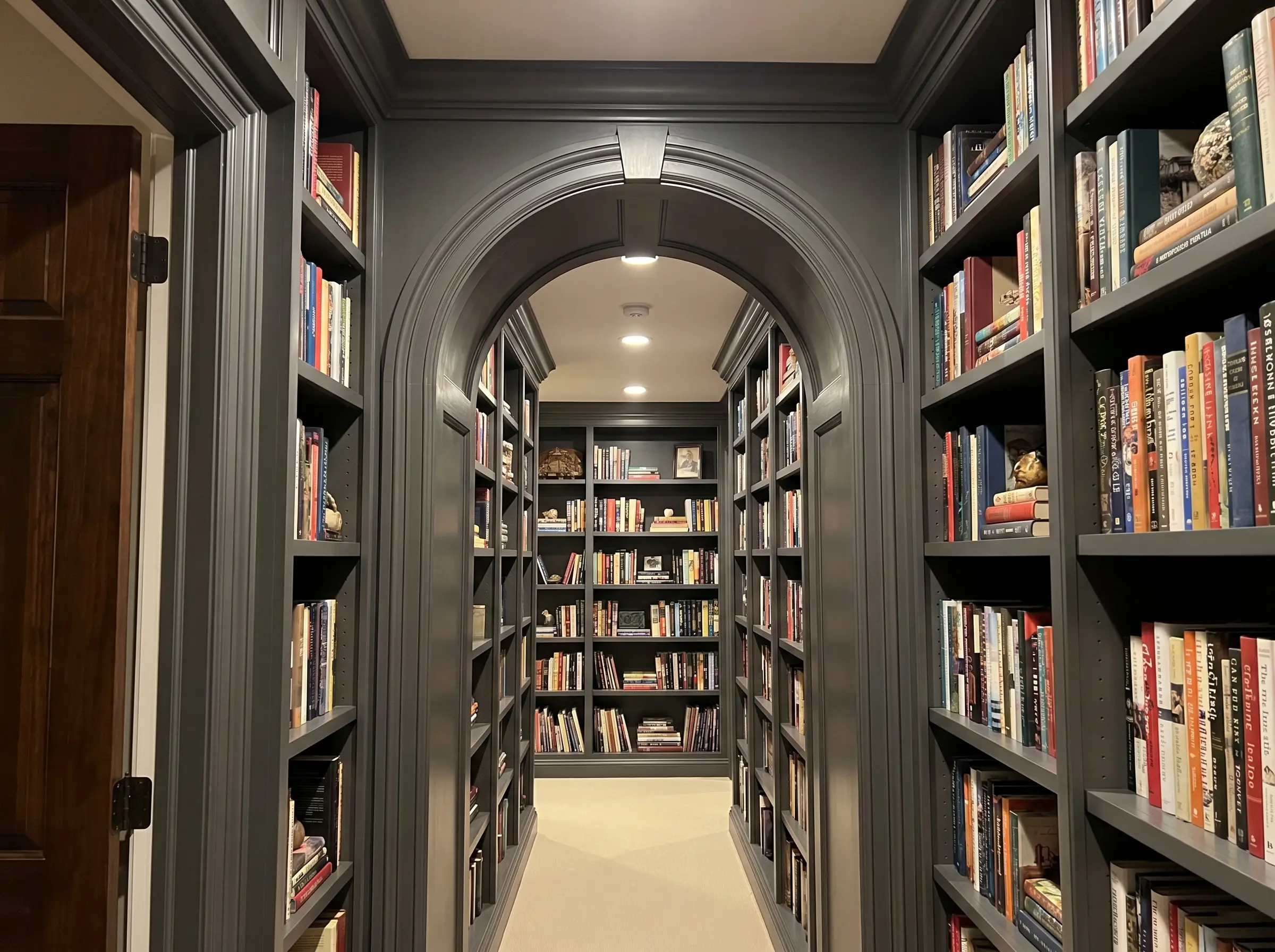 Solid maple face frames painted in Sherwin-Williams Peppercorn wrap around a standard doorway, creating an immersive apartment library with integrated architraves.