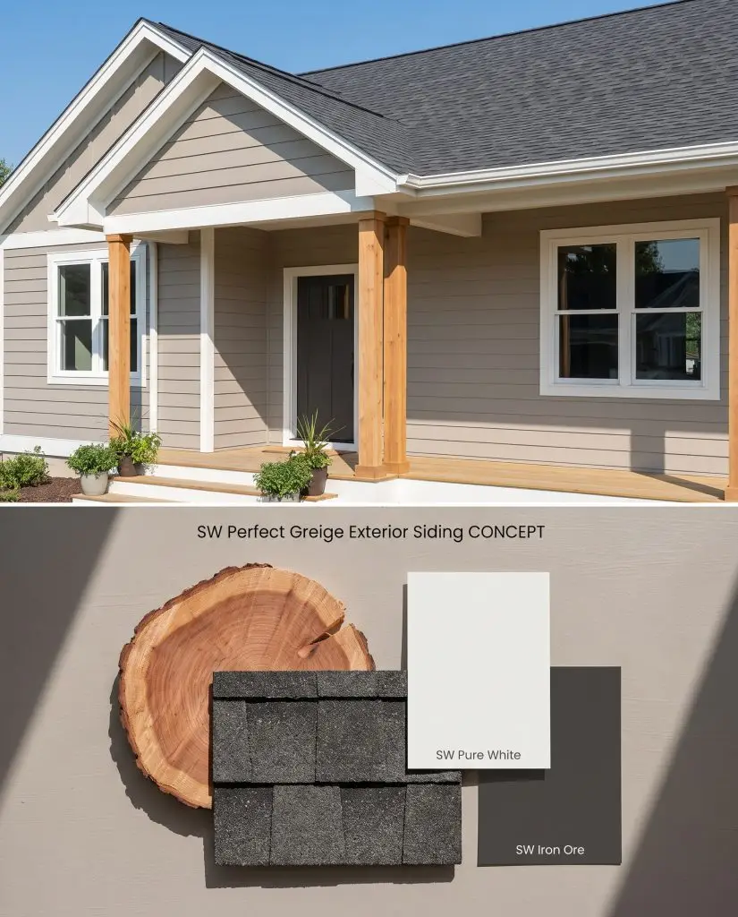 A digital visualization presenting greige exterior lap siding on the upper half, with physical cedar and charcoal shingle samples resting on a textured bottom section.
