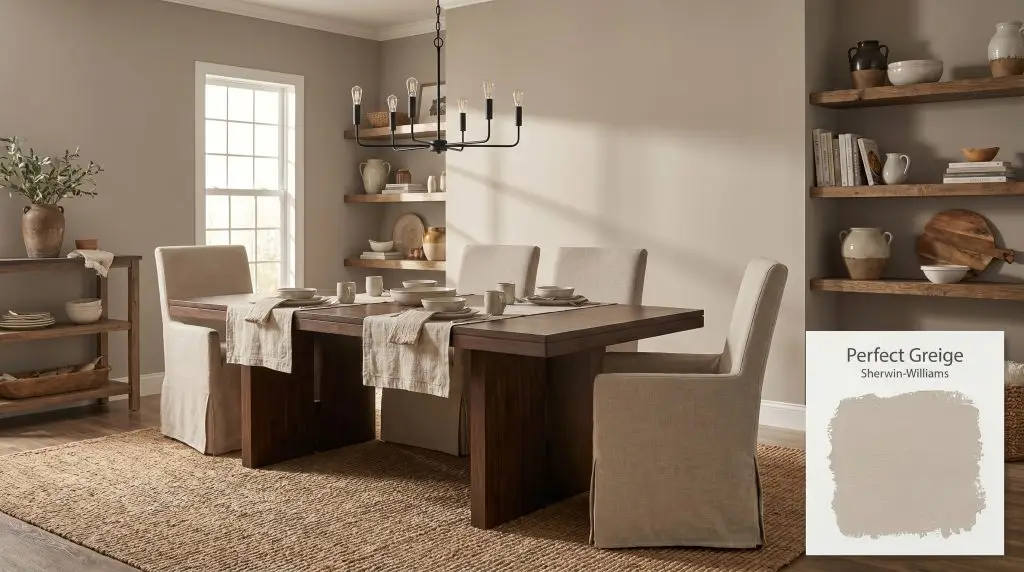 Upholstered linen chairs surround a dark walnut dining table in a cozy room painted in Sherwin-Williams Perfect Greige (Hex #B7AB9F).