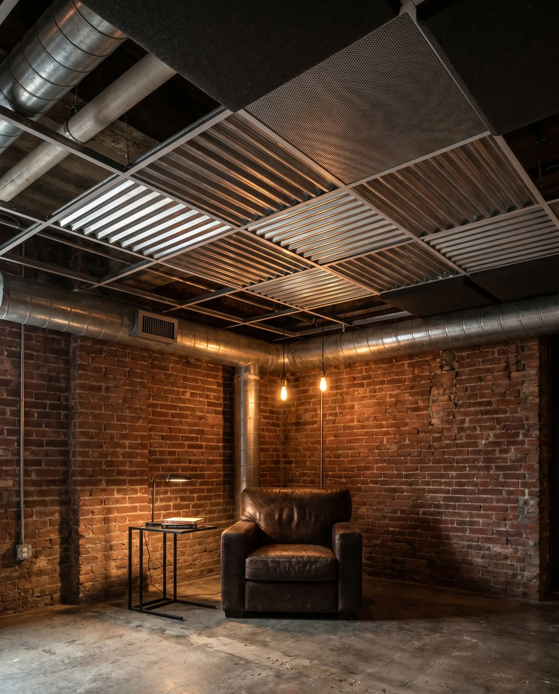 Micro-perforated aluminum lay-in tiles and exposed galvanized ductwork sit above an industrial loft seating nook furnished with a distressed leather armchair and raw brick walls.
