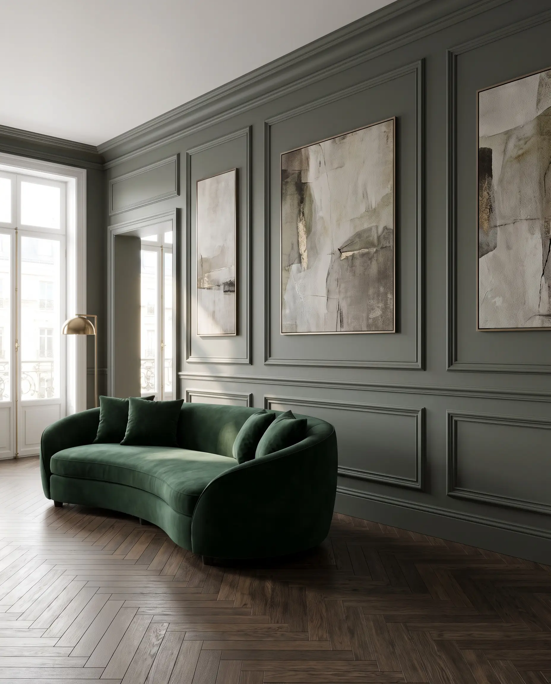 Pewter green picture frame moulding frames oversized abstract art above a sleek modern velvet sofa on herringbone parquet floors.