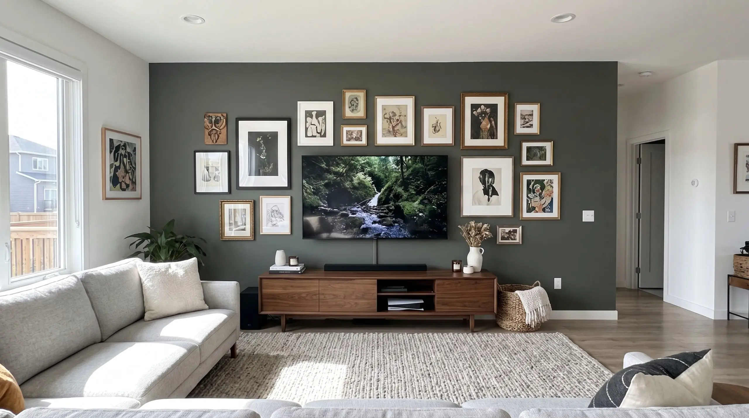 A pewter green media wall camouflages a flat-screen television surrounded by a curated gallery wall above a sleek walnut media console.