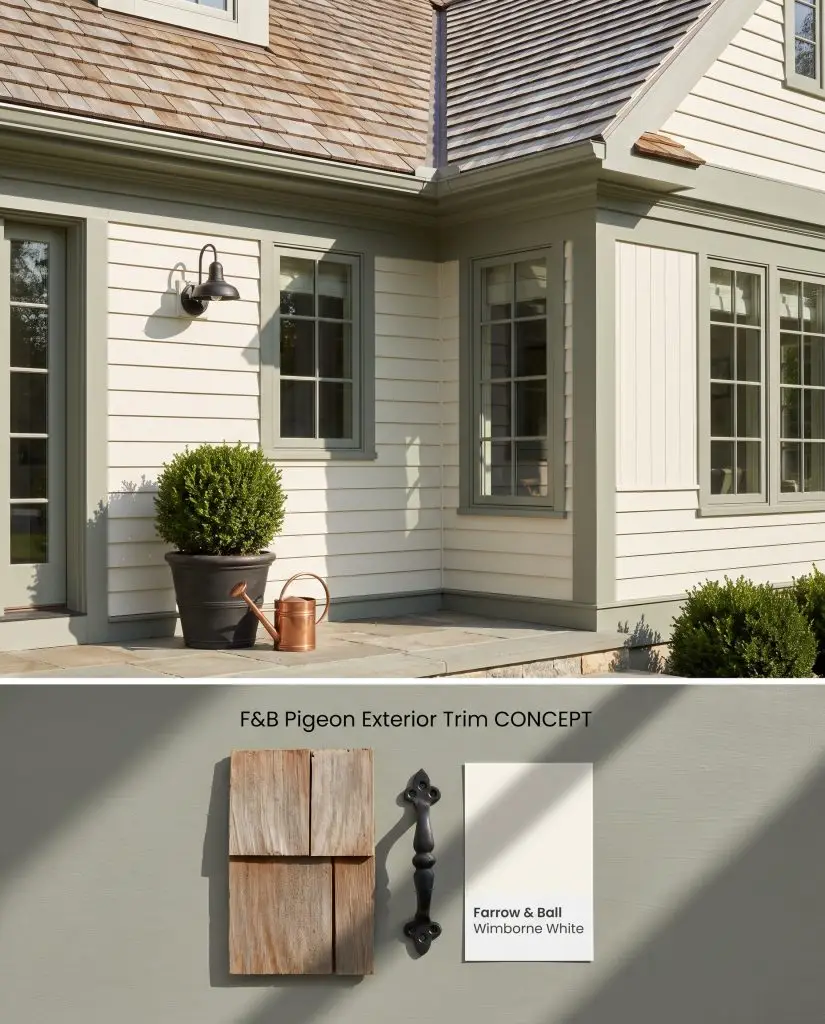 A composite digital board illustrating exterior house trim painted in Pigeon contrasting with white siding, positioned over a physical exterior materials layout.