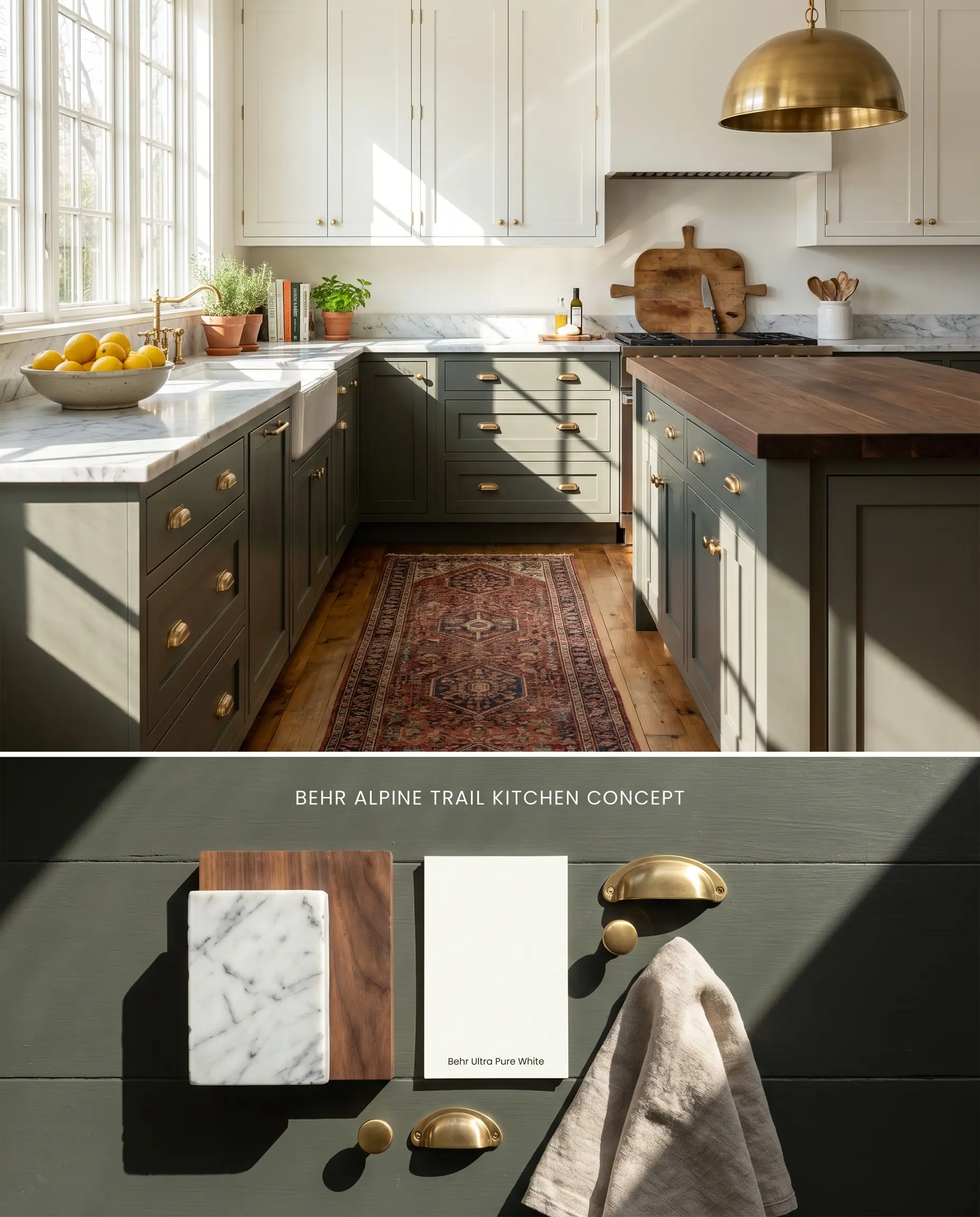 A split digital conceptual board for a kitchen featuring lower base cabinets painted in Behr N420-7, with a textured bottom section displaying Carrara marble and brass hardware.