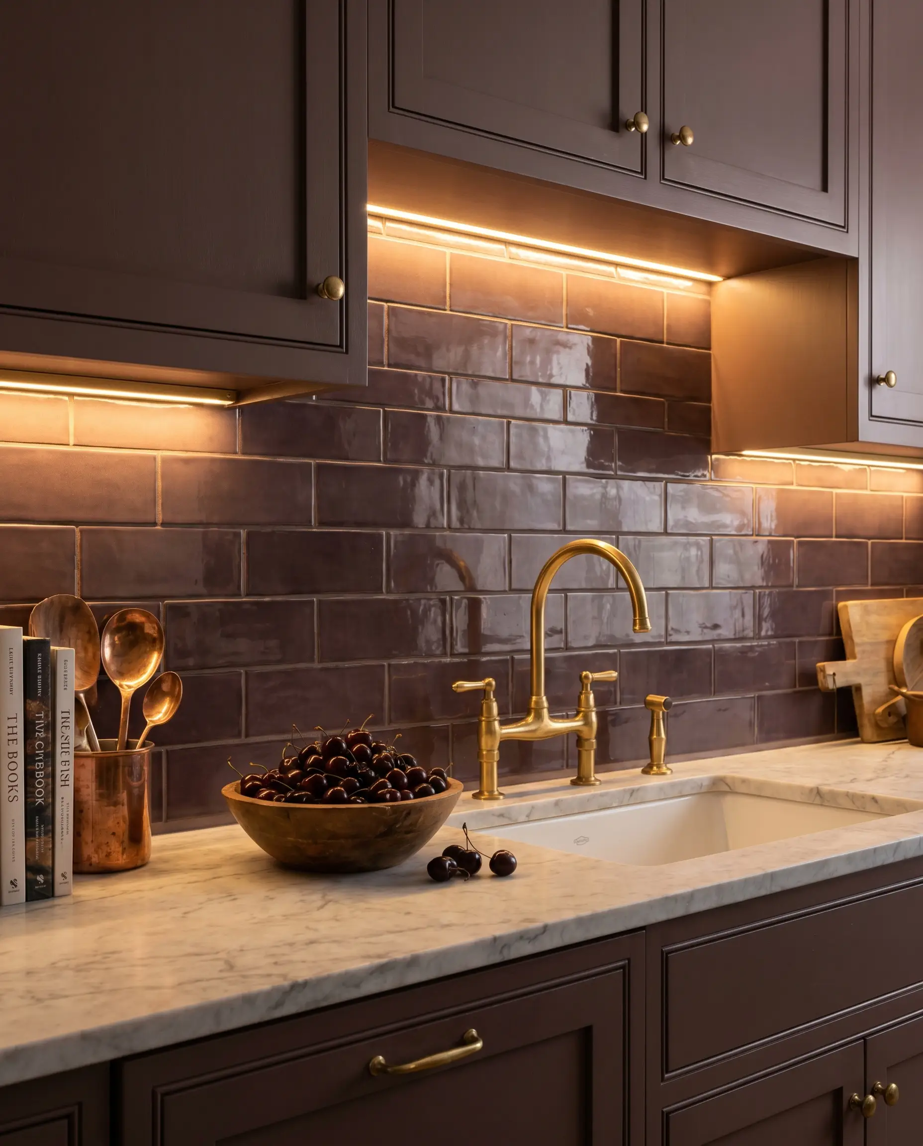A restorative dark plum brown 2x6-inch glazed ceramic backsplash meets a light marble countertop and sophisticated kitchen cabinetry painted in Sherwin-Williams Carnelian.