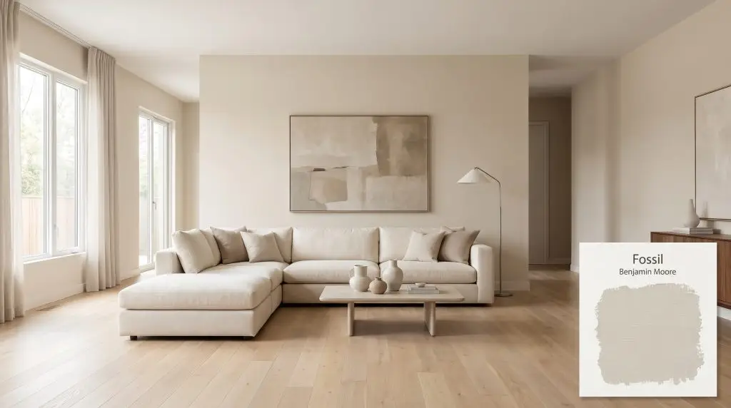 A plush cream sectional rests on light hardwood floors within an open-concept space featuring walls painted in Fossil (Hex #E3DDCE).