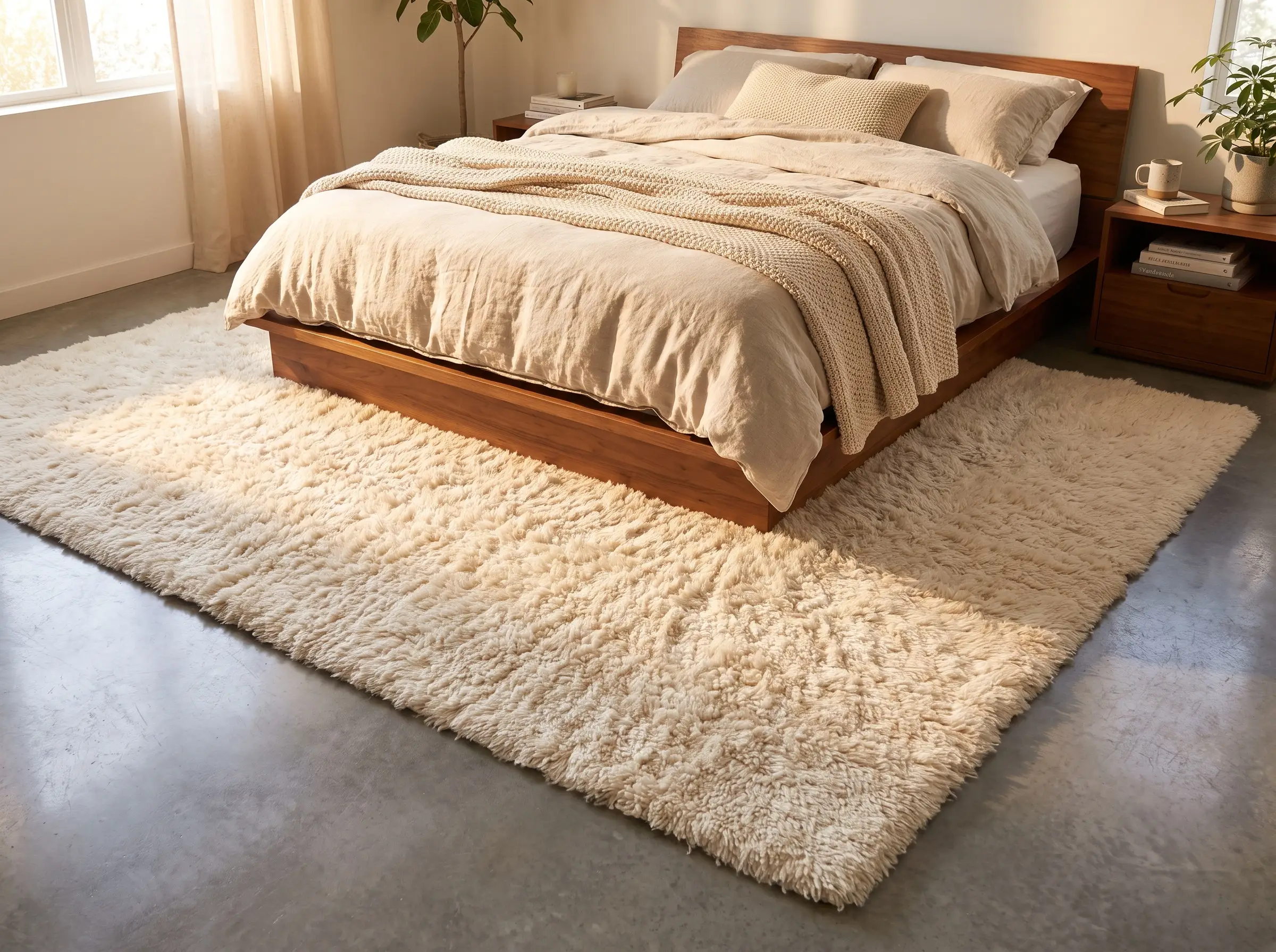 A plush high-pile solid wool rug extends past a warm wood bed frame, covering the modern floor in a cozy bedroom.