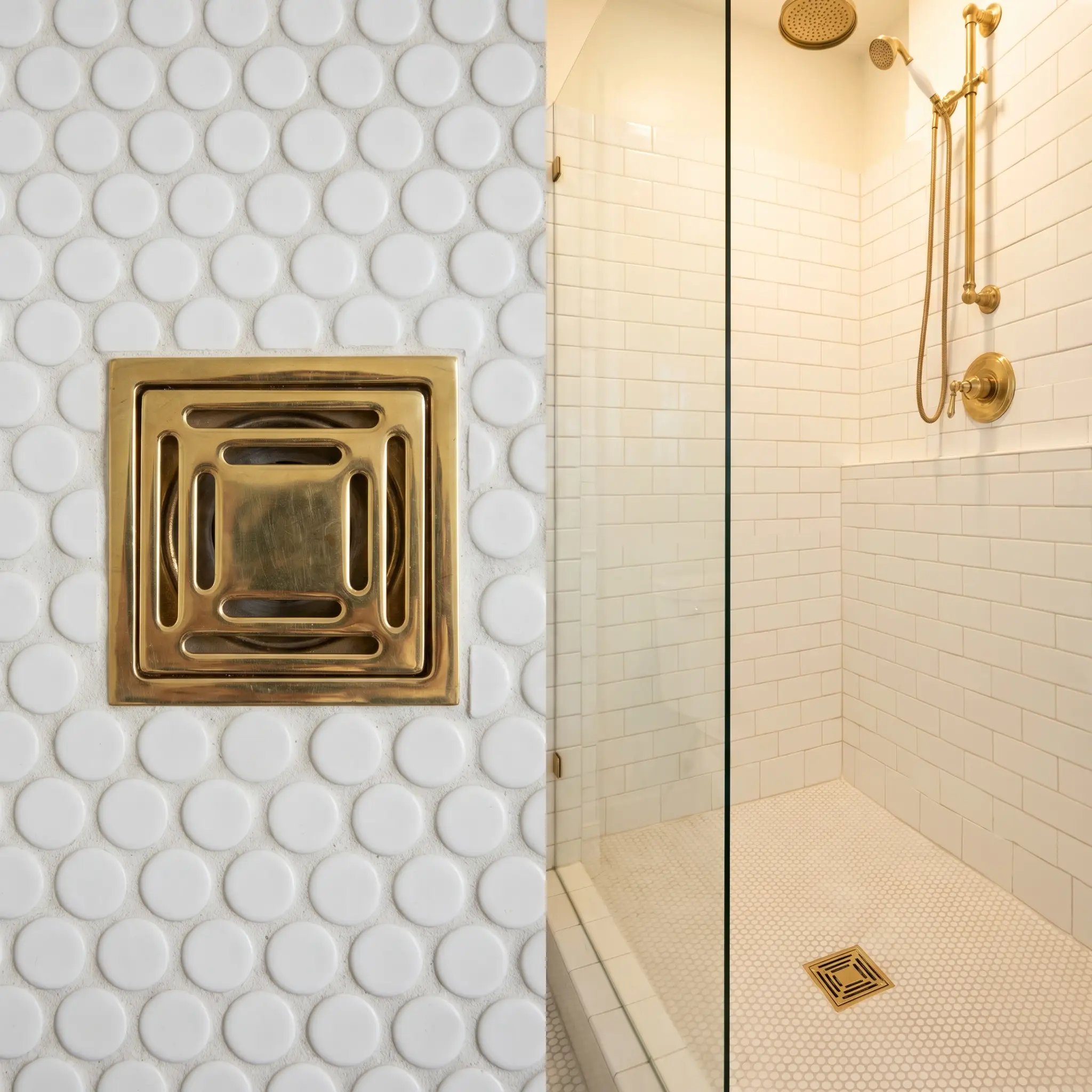 A heavy polished brass square drain cover sits perfectly flush inside a seamless floor of matte white porcelain penny round tiles.