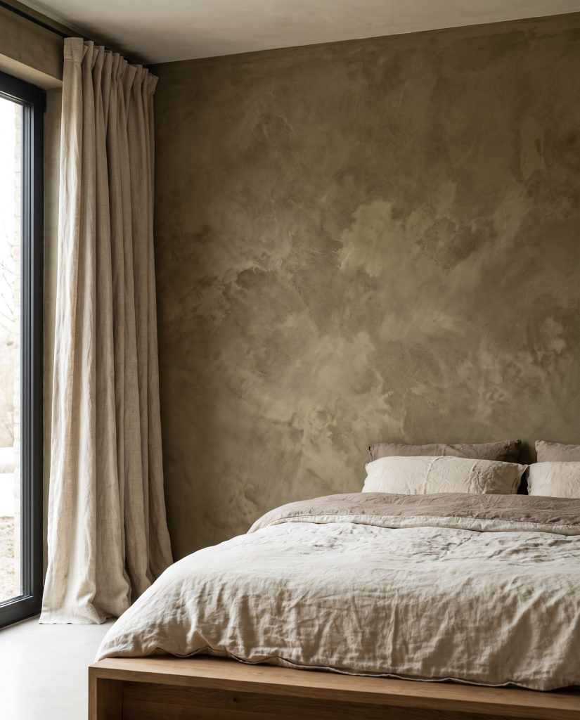A mottled Roman clay wall finish in an olive tone sits beside raw linen drapery and a low-slung platform bed with washed cotton bedding.