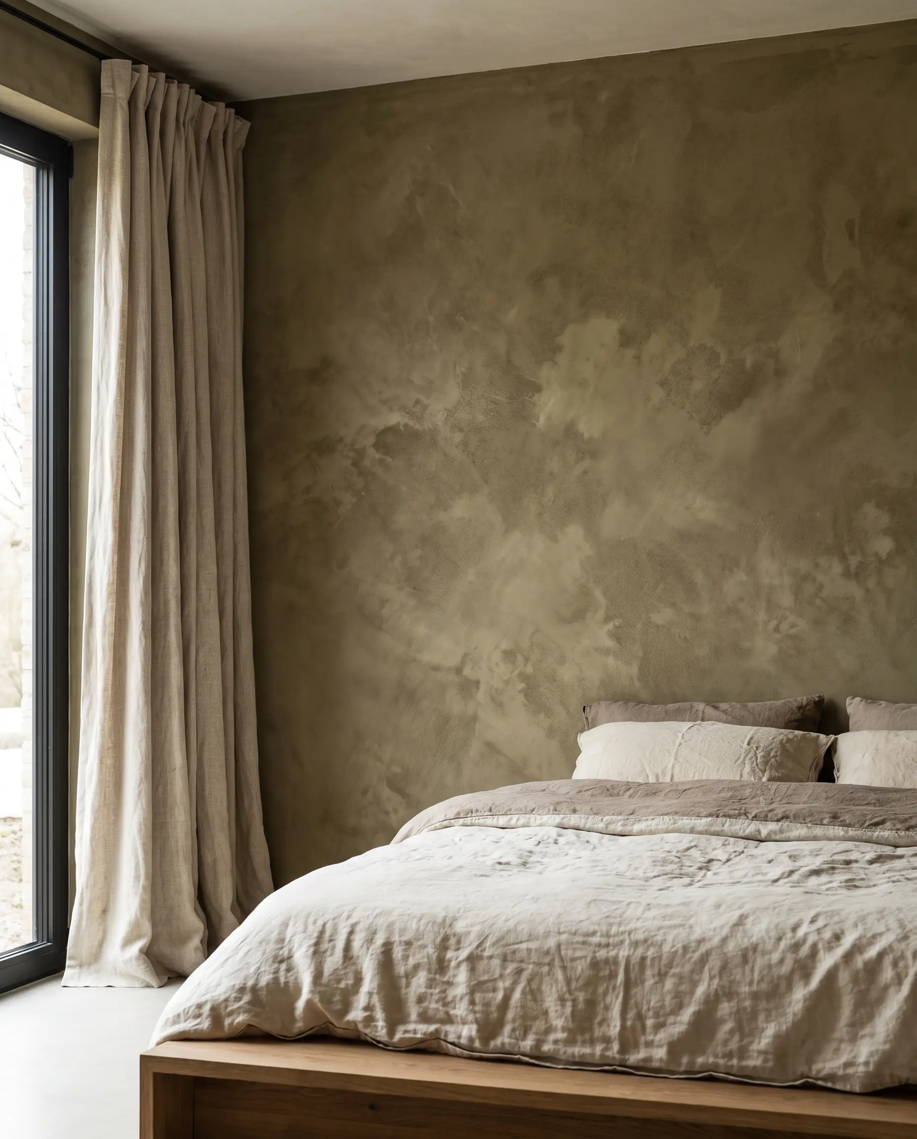 A mottled Roman clay wall finish in an olive tone sits beside raw linen drapery and a low-slung platform bed with washed cotton bedding.