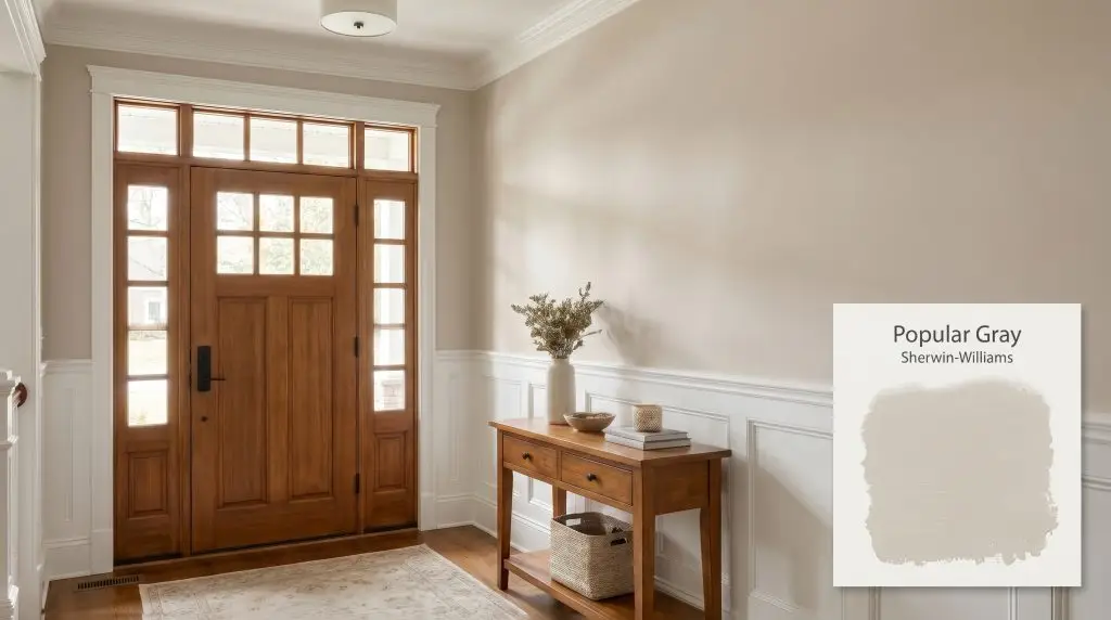 A classic entryway showcases white wainscoting and a warm wood console table beneath walls painted in Sherwin-Williams Popular Gray (Hex #D4CCC3).