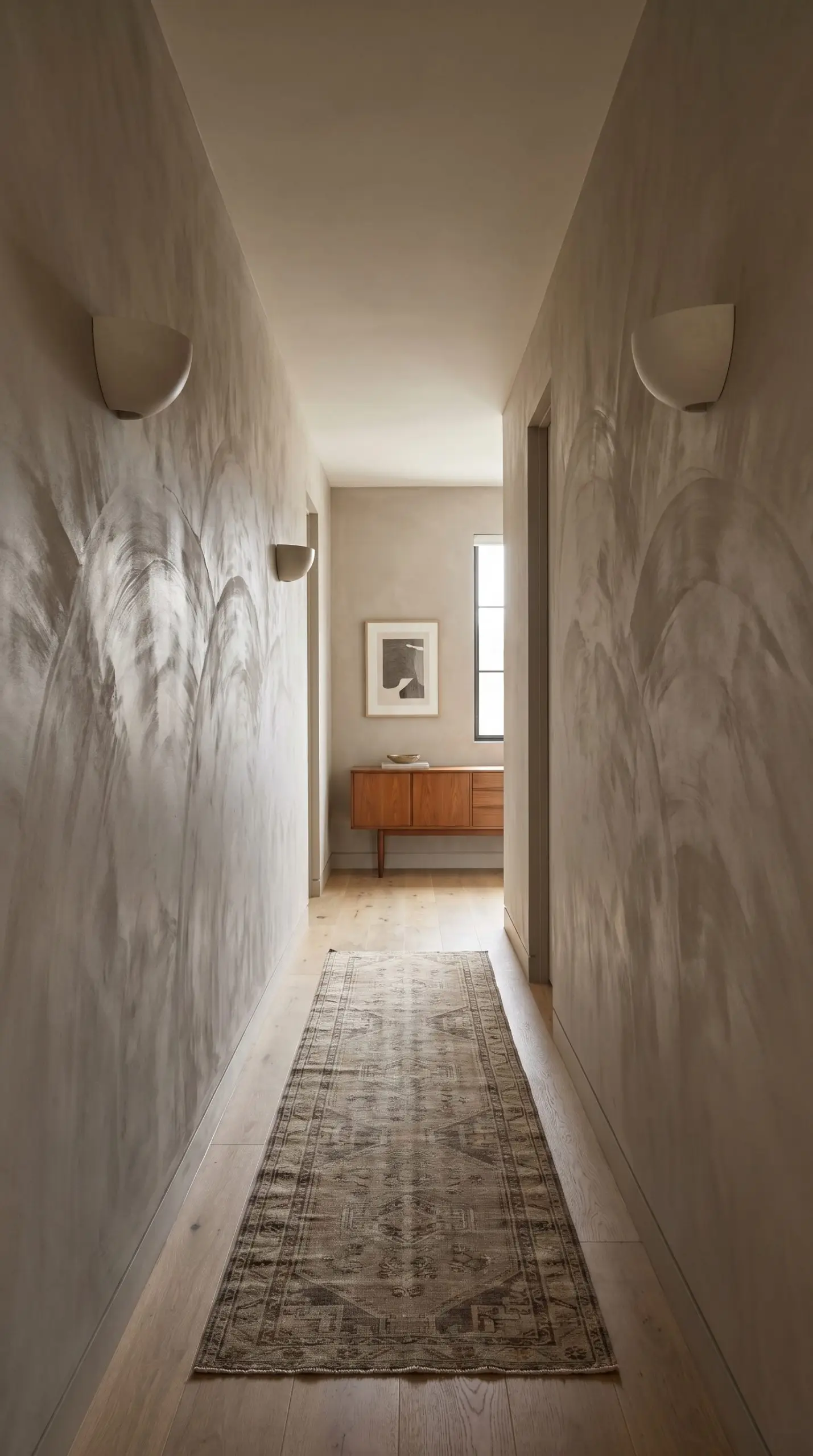 Portola Paints Charleston Roman Clay plaster adds chalky sweeping texture to flat walls above a light oak floor and vintage runner rug.