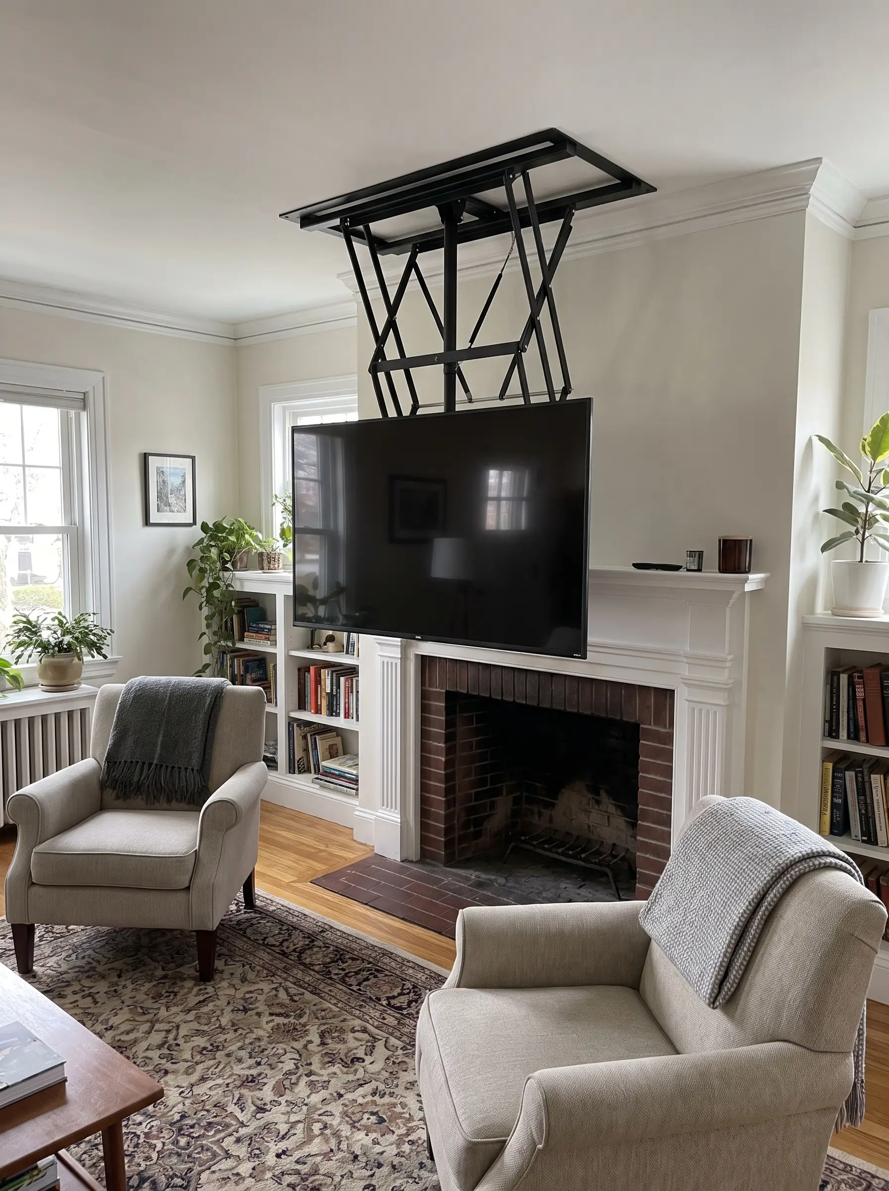 A specialized pull-down engineering bracket lowers a flat-screen television in front of a classic mantel and cool firebox, flanked by standard dimension armchairs.