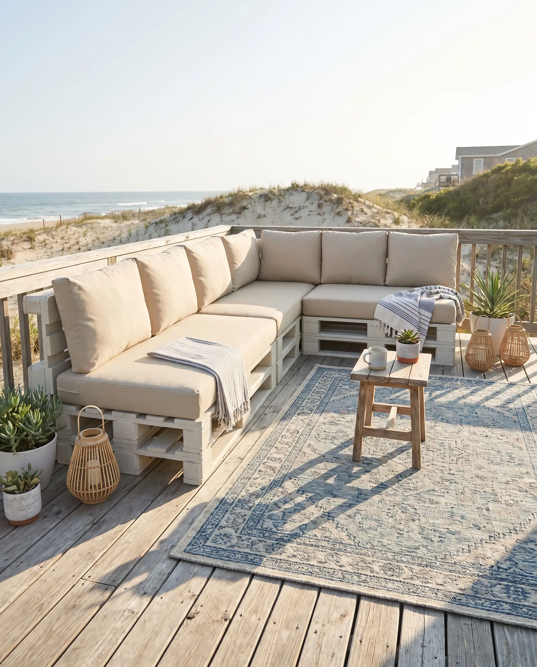 A modular outdoor sectional built from double-stacked Euro pallets painted in Sherwin-Williams Pure White rests on a wooden deck with high-density foam cushions.