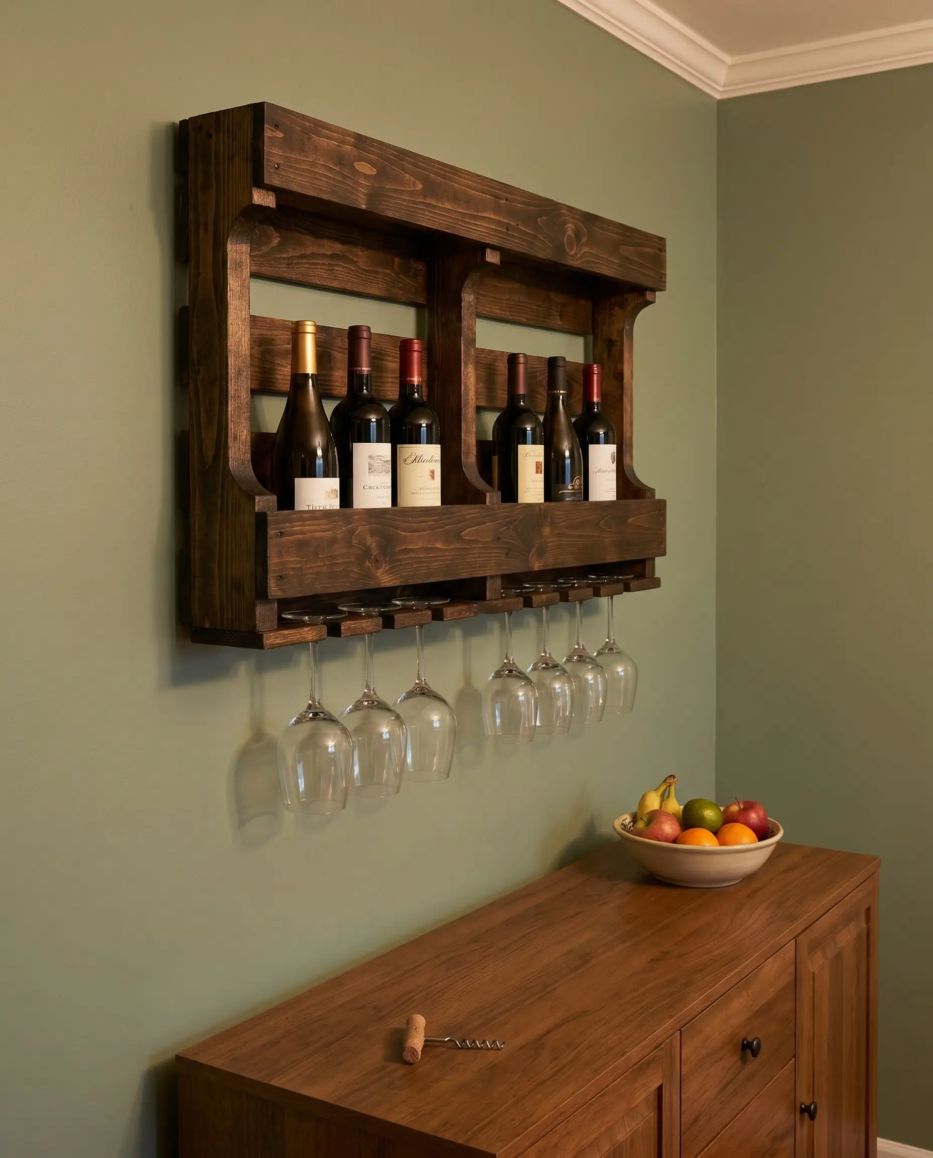 A compact wine rack crafted from a quarter-cut wooden section finished in mineral oil cradles wine bottles and securely holds hanging wine glasses.