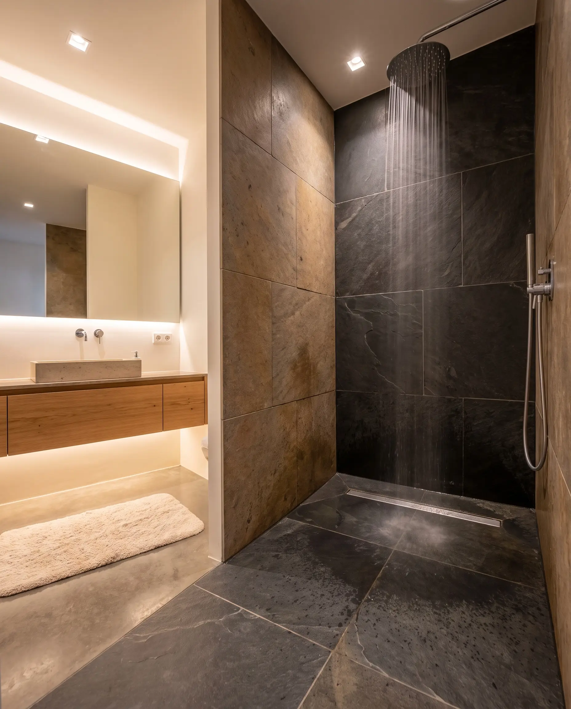 Dry, warm large-format slate tiles conceal radiant floor heating next to a gentle stream of water hitting a pitched drain area near a sleek bathroom vanity.