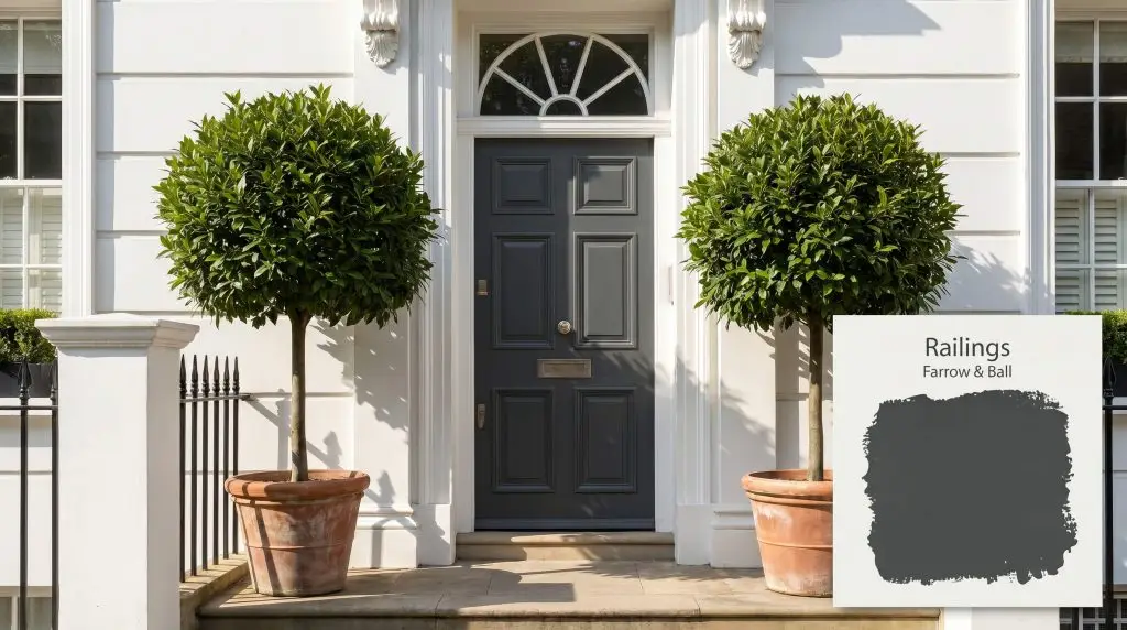 A classic white architectural facade features a front door coated in dark Railings No. 31 (Hex #45494c), flanked by topiary in terracotta pots.