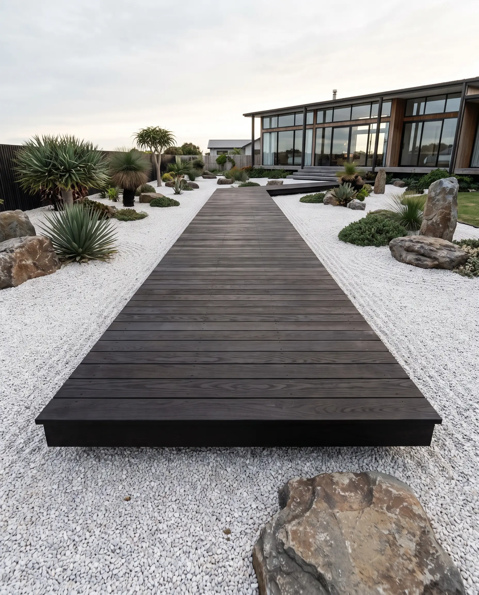 Raised thermally modified ash walkway planks with a black oak stain hover above a pristine bed of raked white gravel.