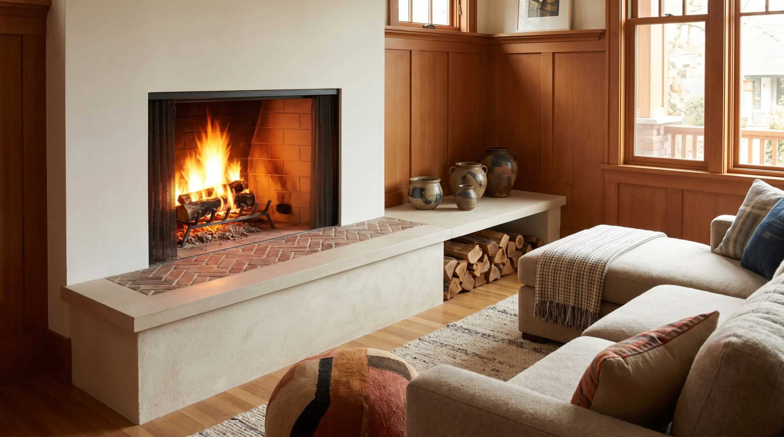 A bespoke craftsman herringbone fireplace features a raised hearth extending into an asymmetrical bench topped with a solid smooth limestone edge and handmade ceramics.