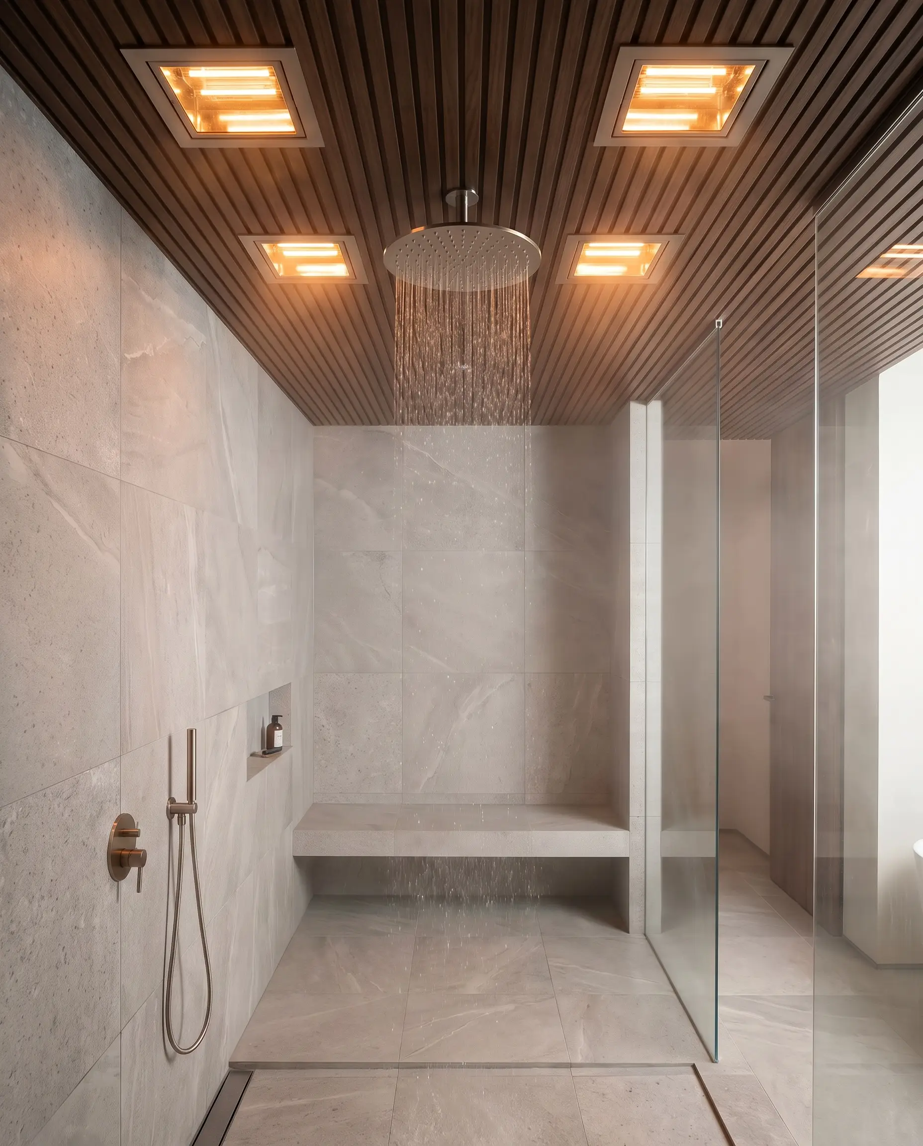 Low-profile wet-rated recessed infrared heat lamps cast a warm glow downward onto light gray stone tiles and a minimalist showerhead inside a contemporary shower enclosure.