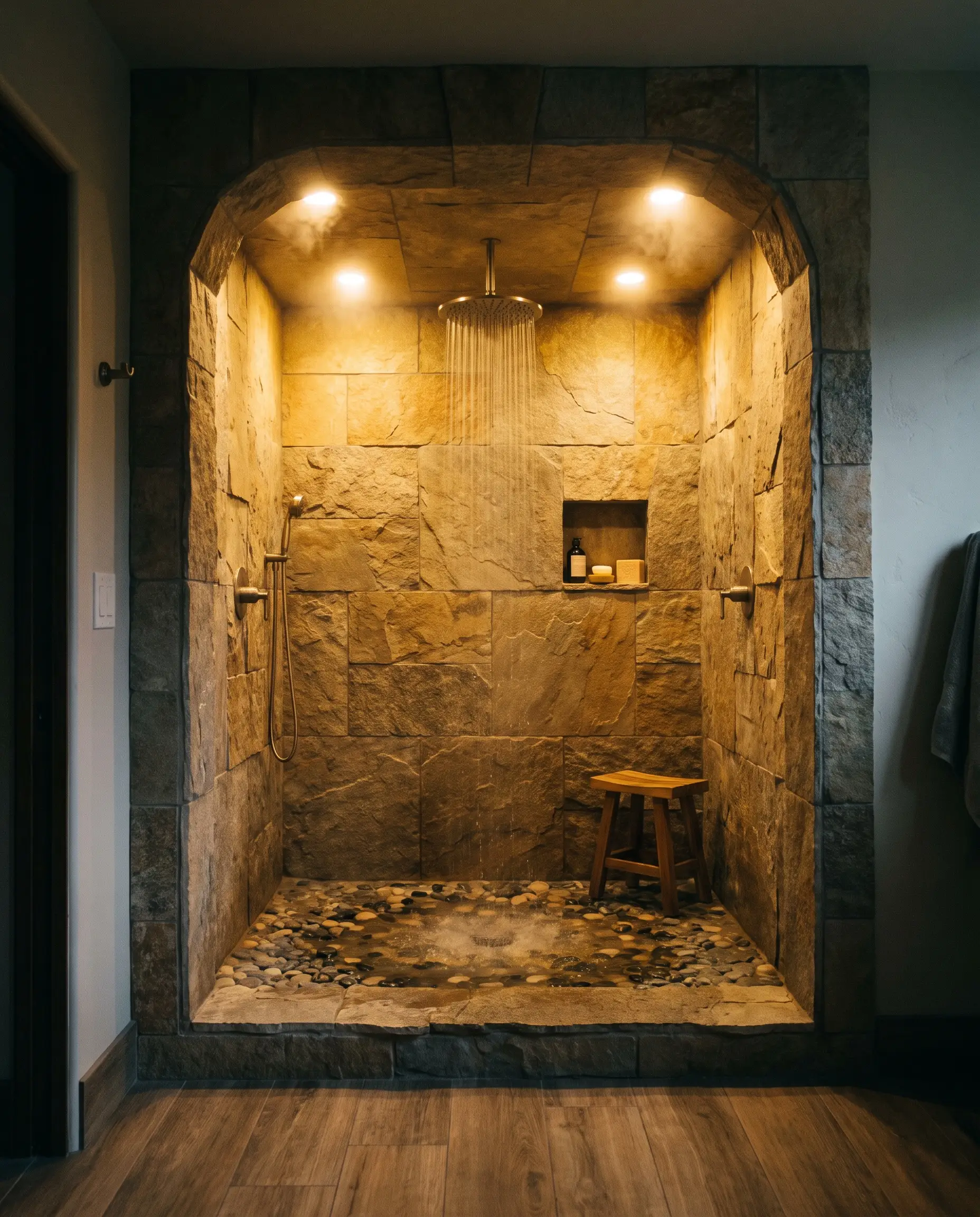 A deeply recessed shower alcove is lined with textured natural stone tiles and features an overhead rain shower mounted above a dedicated wet depression.