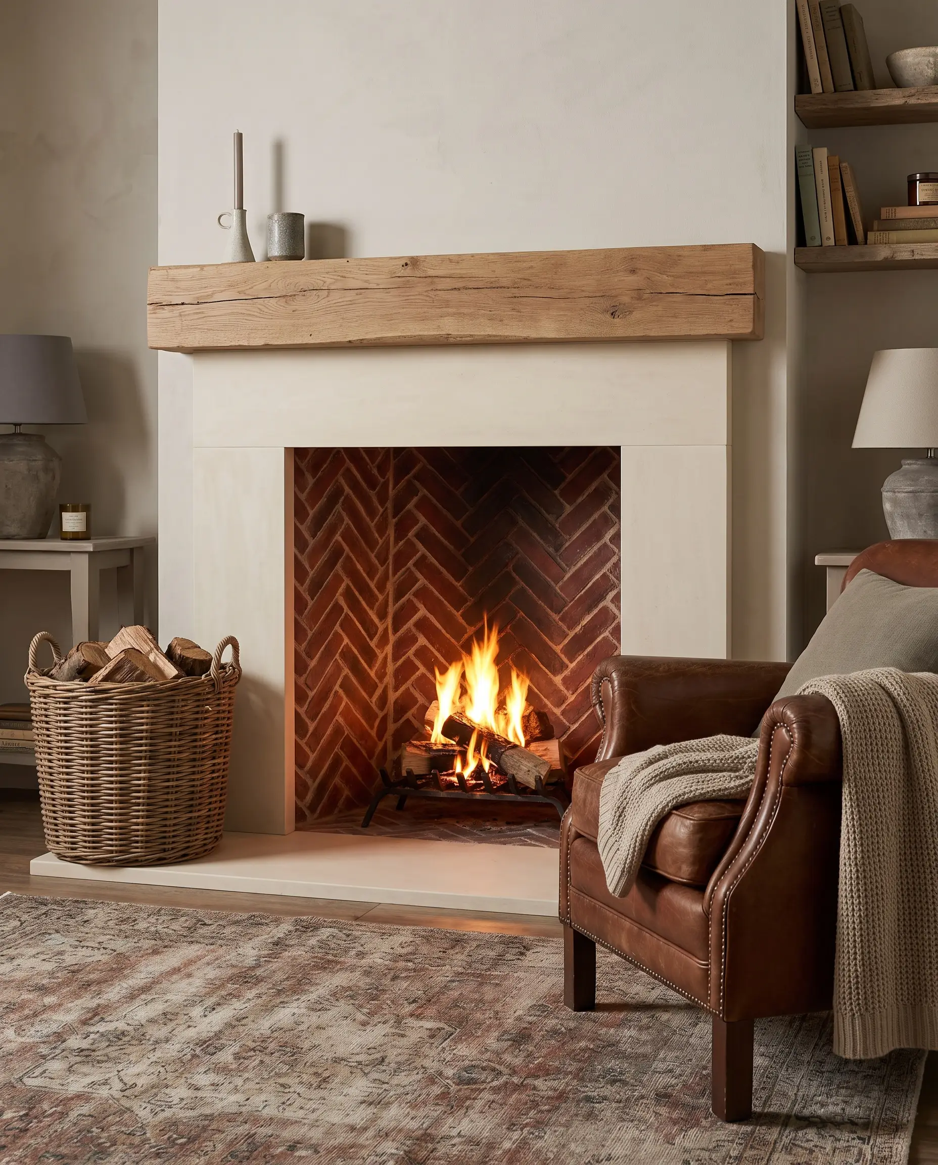 A herringbone fireplace features an interior firebox lined with reclaimed red clay firebrick finished with a German smear and capped with a raw oak mantel.