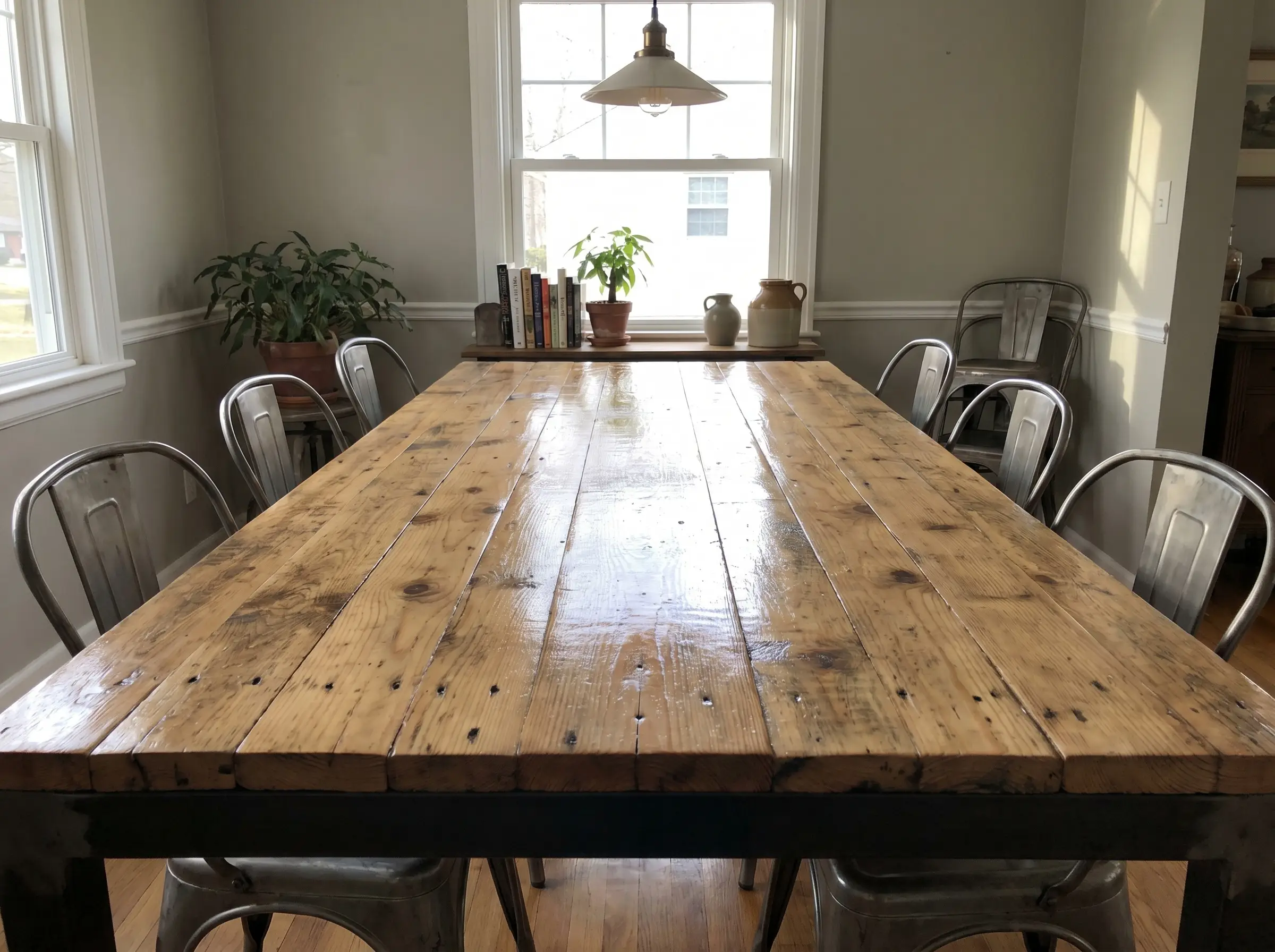 A wide-plank dining table constructed from reclaimed pallet slats laid edge-to-edge forms a stunning pallet furniture DIY project surrounded by metal chairs.