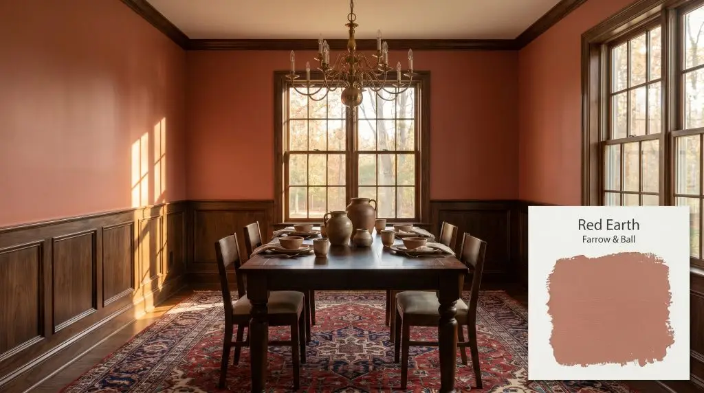 Dark walnut wainscoting and a vintage Persian rug anchor an intimate dining room featuring Farrow & Ball Red Earth (Hex #bf7b69) walls.