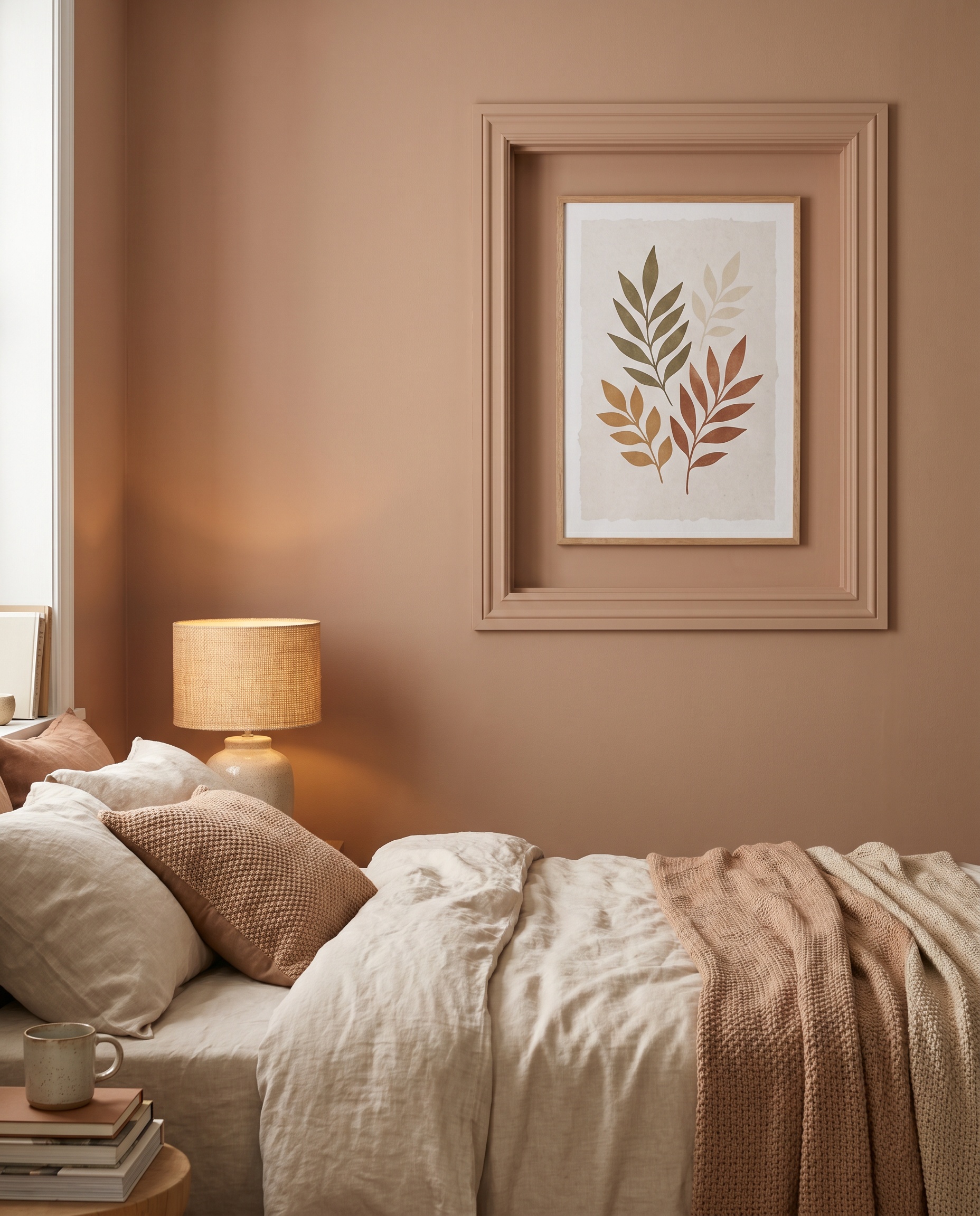 A subtle botanical poster set inside a wooden frame painted Redend Point perfectly matches the surrounding wall above a bed with linen sheets.