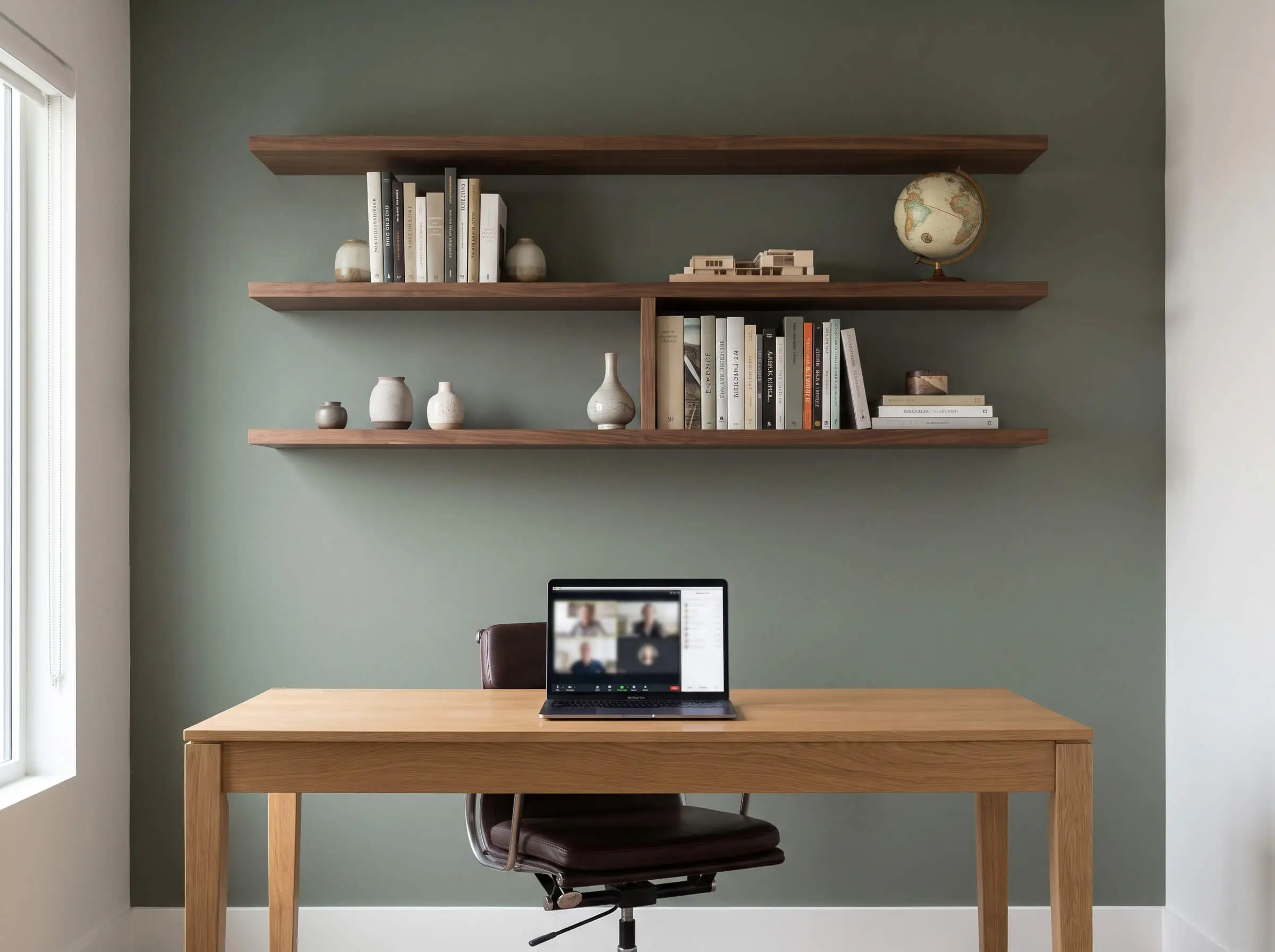 Floating walnut shelves styled with curated books are mounted on a retreat green wall behind an oak writing desk and leather chair.