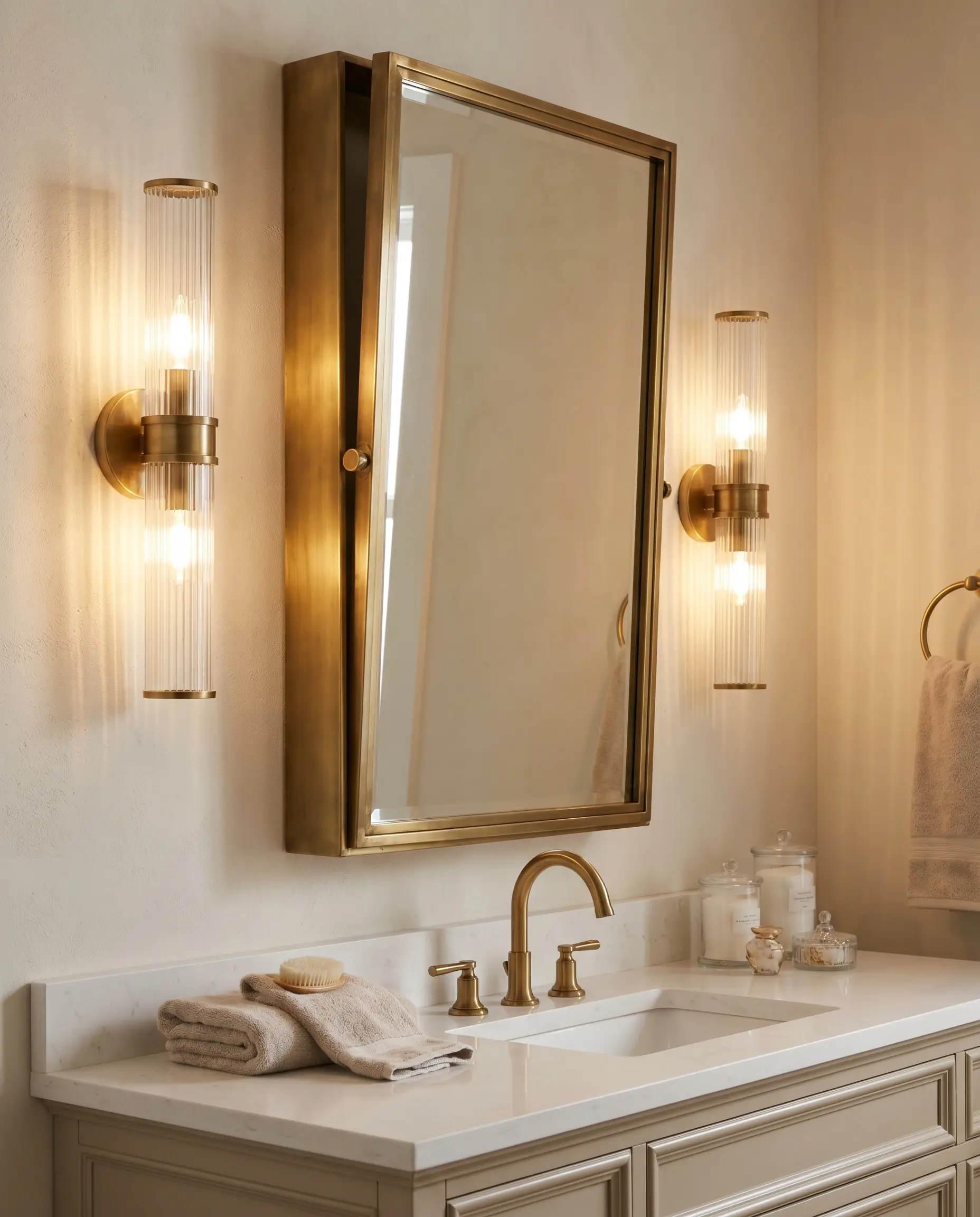Ribbed glass tube sconces cast a warm glow beside a heavy solid brass pivot mirror in a modern white and gold bathroom.