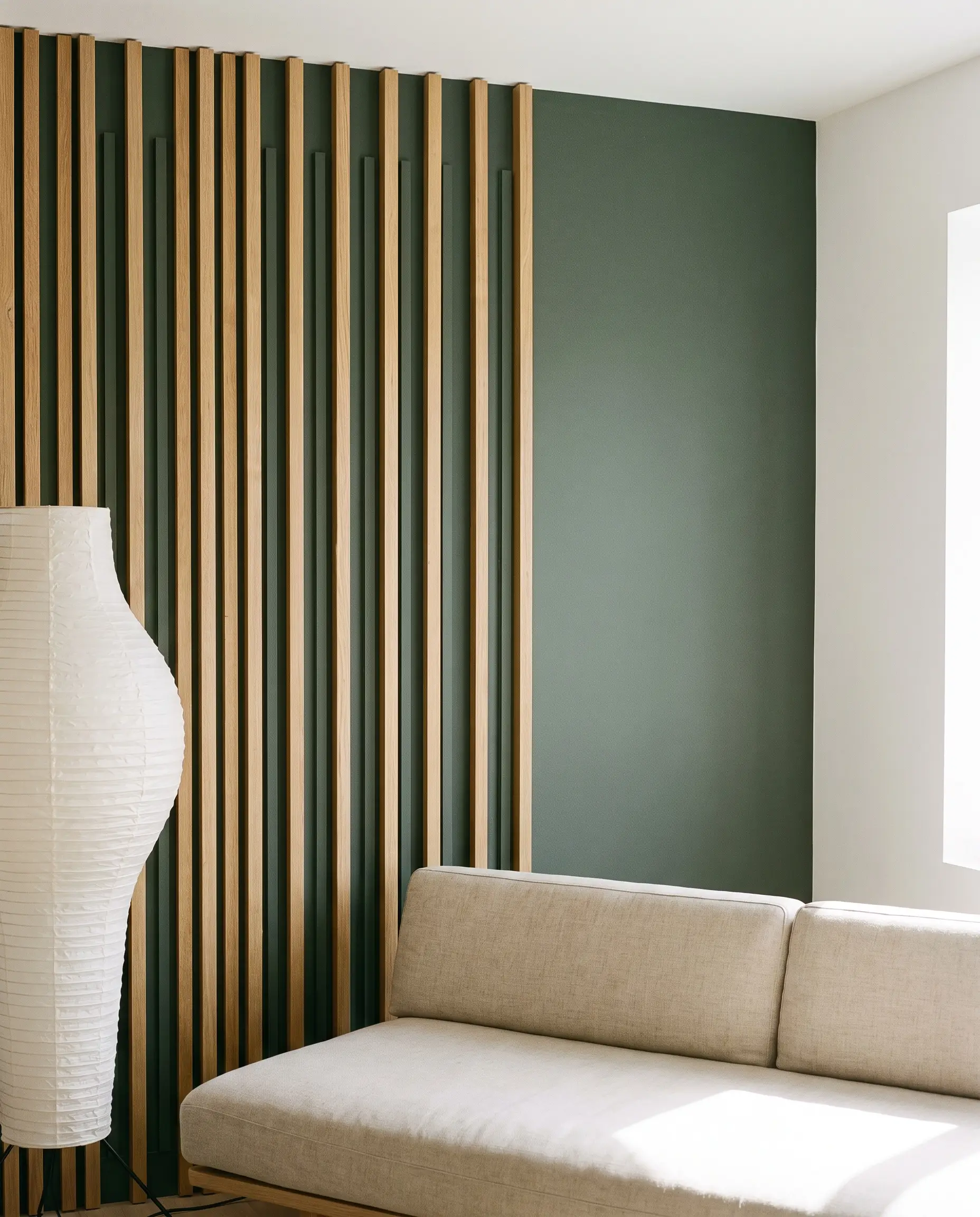 White oak acoustic slat panels reveal a matte green backdrop behind a low-profile linen sofa and a sculptural paper floor lamp.