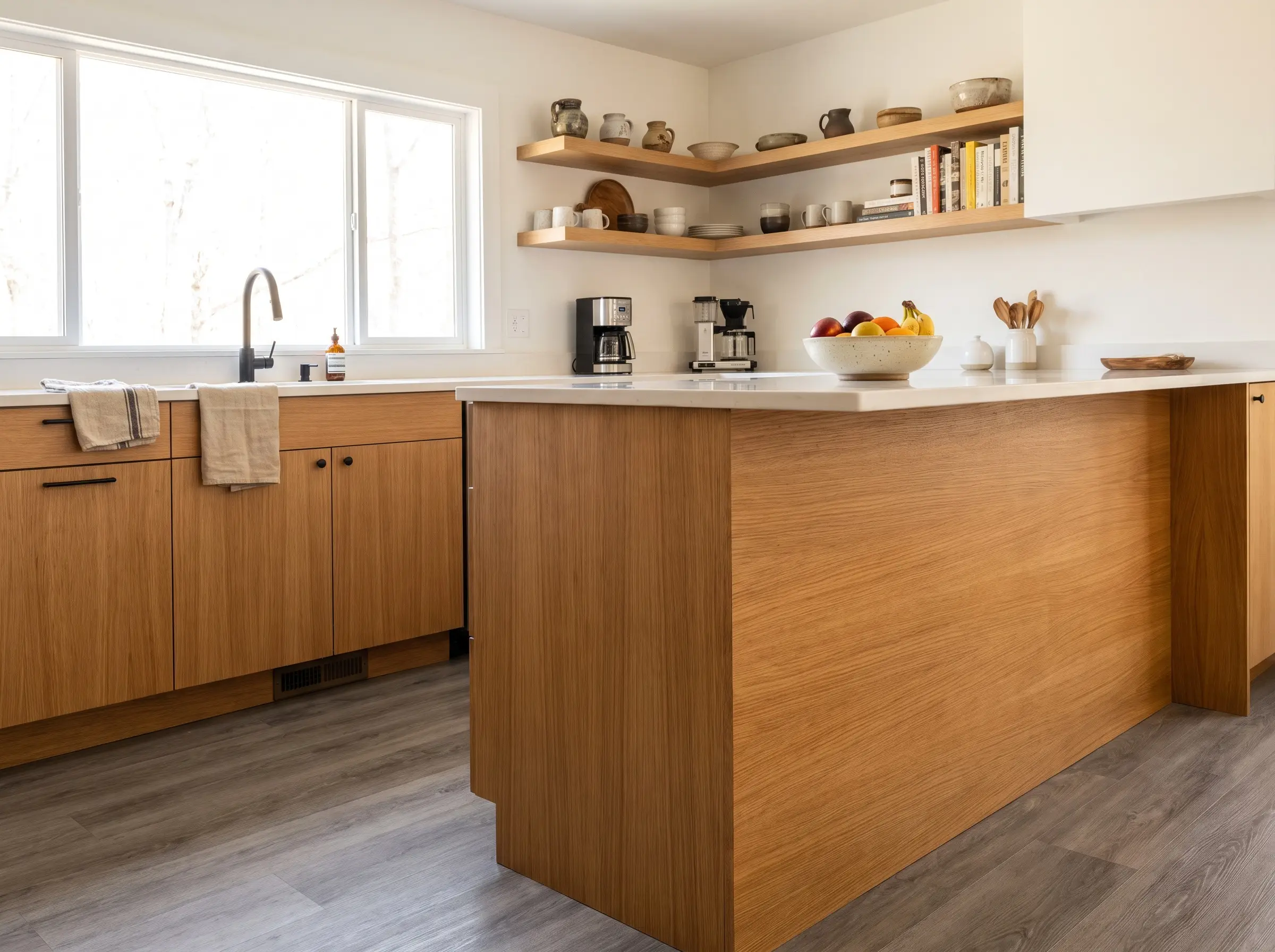 Rift-sawn white oak lower cabinets and a matching island pair beautifully with cool gray flooring and simple white quartz countertops.
