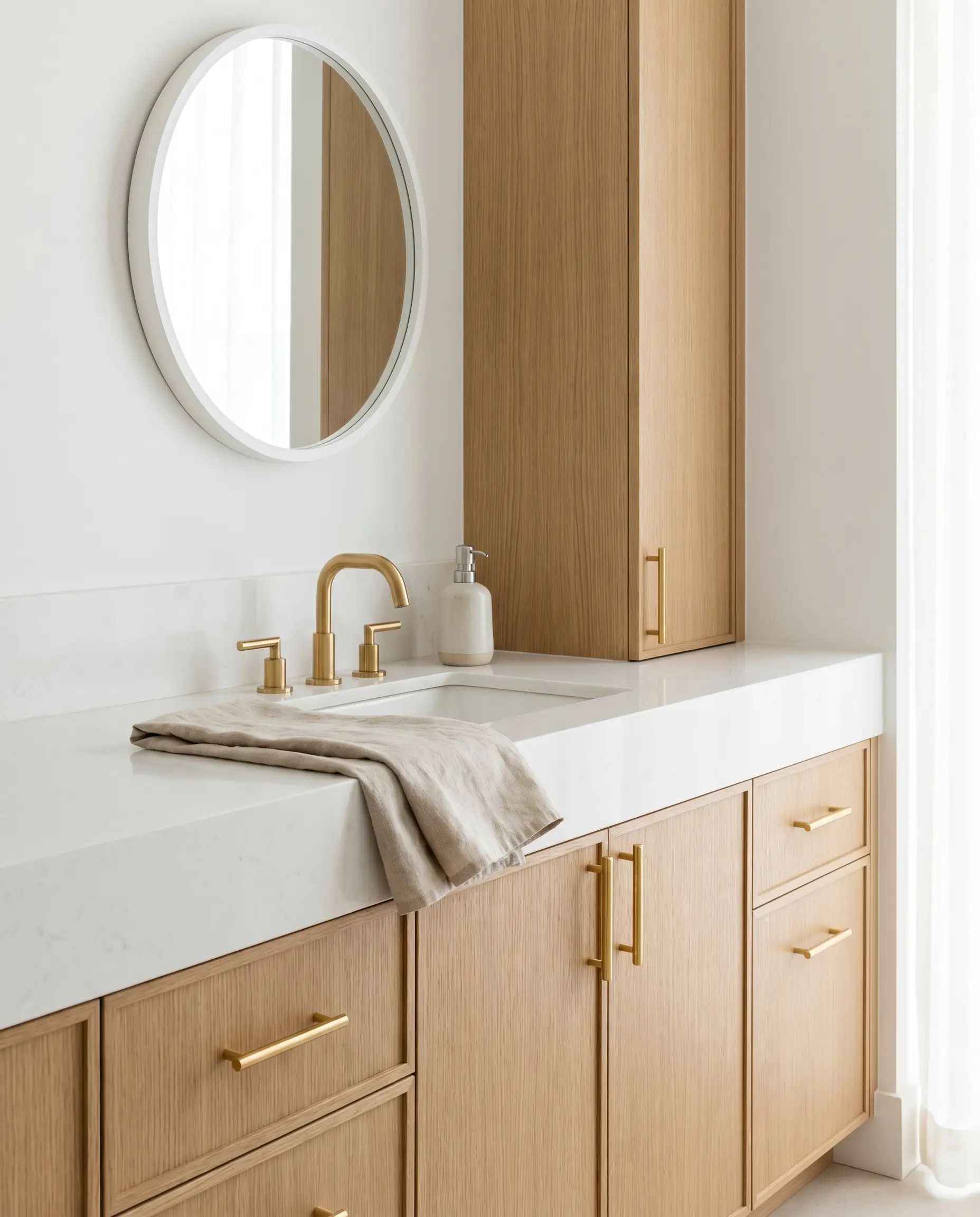 Custom rift-sawn white oak cabinetry with polished gold hardware sits beneath a pristine white countertop in an organic modern bathroom.
