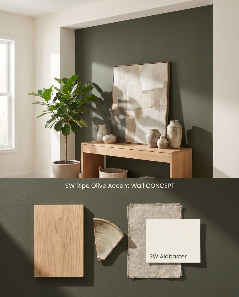 A digital visualization presenting a dark olive green accent wall on the upper half, with physical light oak and ceramic samples resting on a textured bottom section.